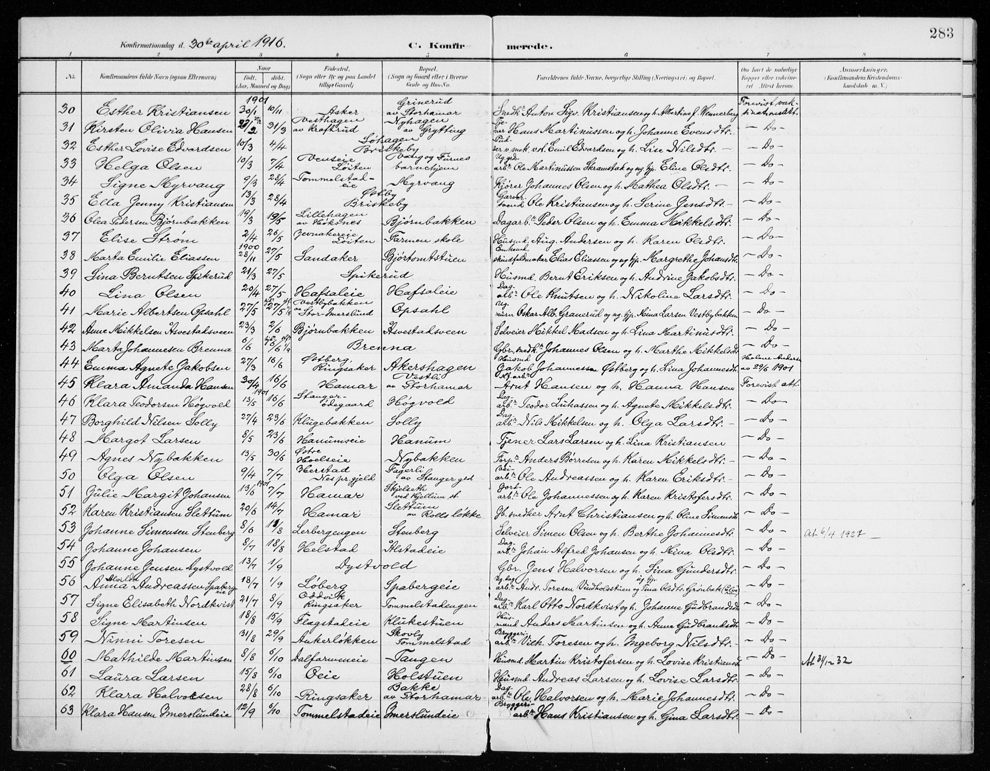 Vang prestekontor, Hedmark, SAH/PREST-008/H/Ha/Haa/L0021: Parish register (official) no. 21, 1902-1917, p. 283