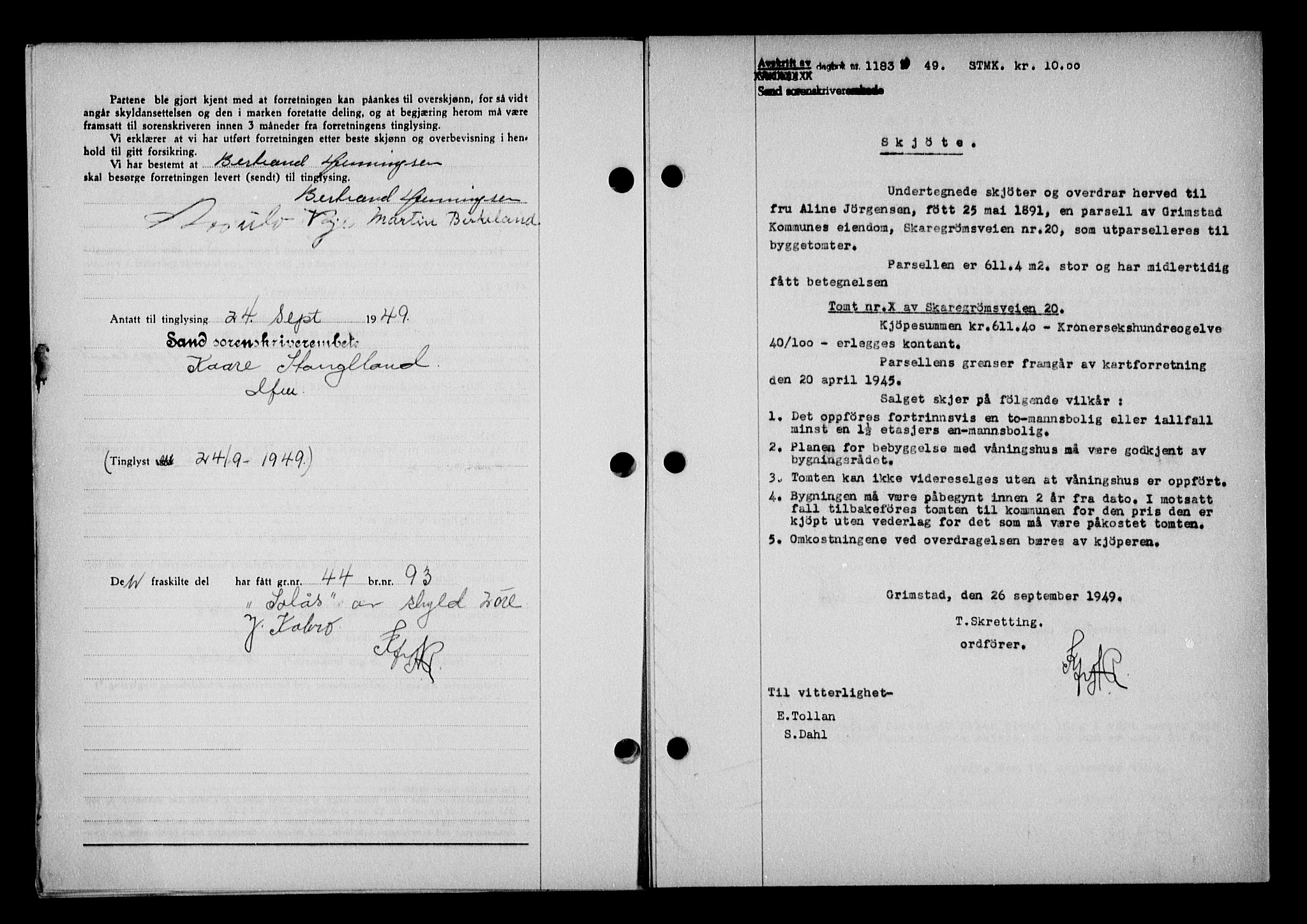 Vestre Nedenes/Sand sorenskriveri, AV/SAK-1221-0010/G/Gb/Gba/L0059: Mortgage book no. A 12, 1949-1950, Diary no: : 1183/1949