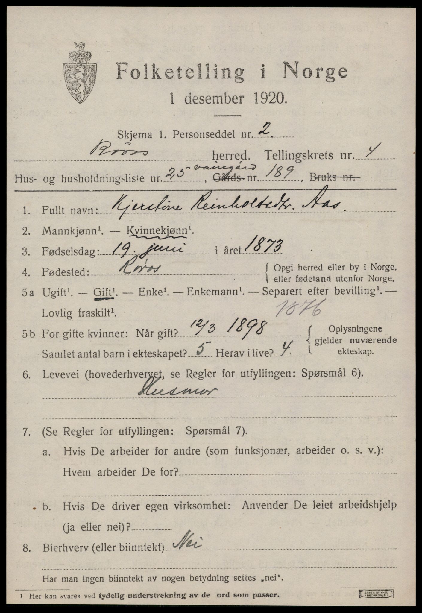SAT, 1920 census for Røros, 1920, p. 4828