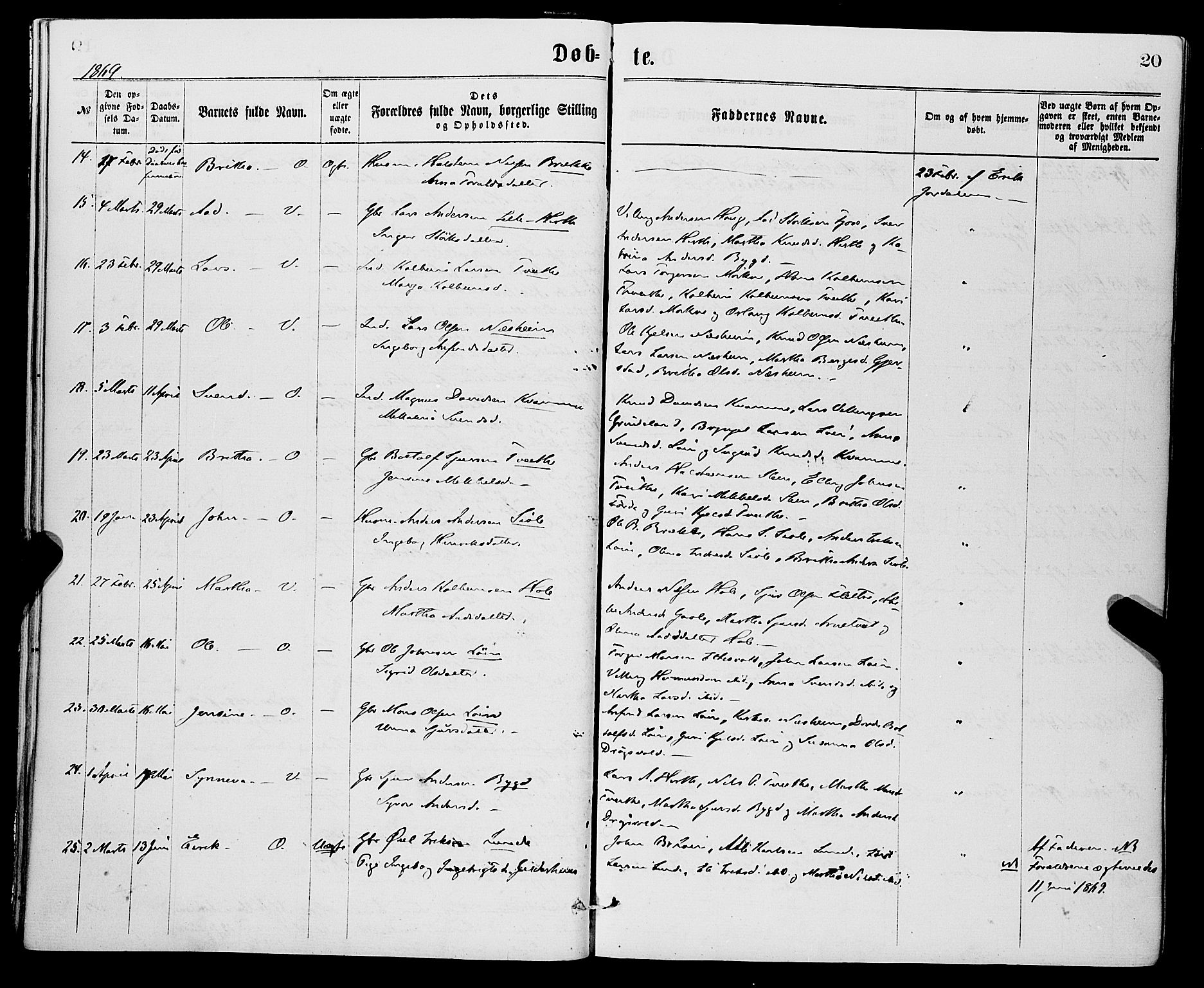 Vossestrand Sokneprestembete, AV/SAB-A-79101/H/Haa: Parish register (official) no. A 1, 1866-1877, p. 20