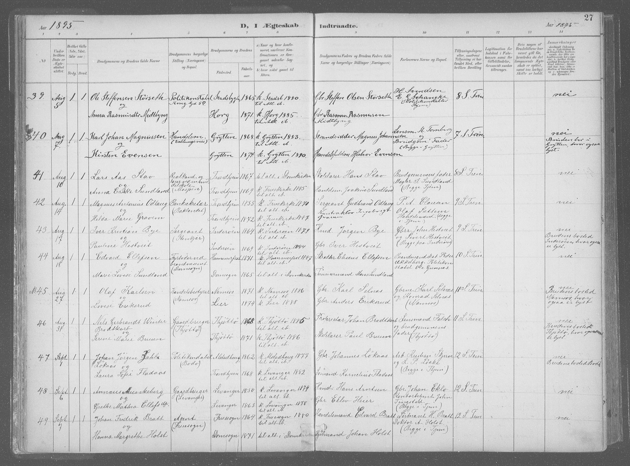 Ministerialprotokoller, klokkerbøker og fødselsregistre - Sør-Trøndelag, SAT/A-1456/601/L0064: Parish register (official) no. 601A31, 1891-1911, p. 27