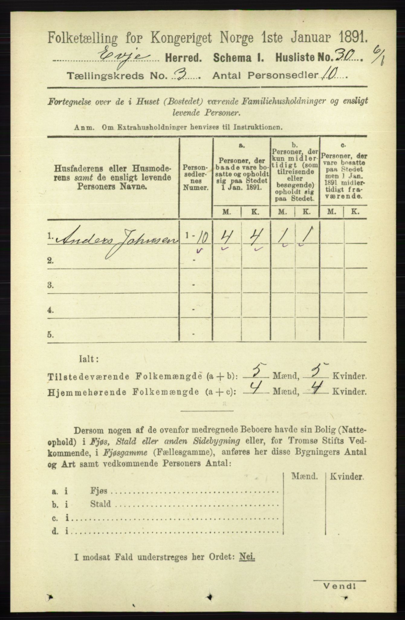 RA, 1891 census for 0937 Evje, 1891, p. 646