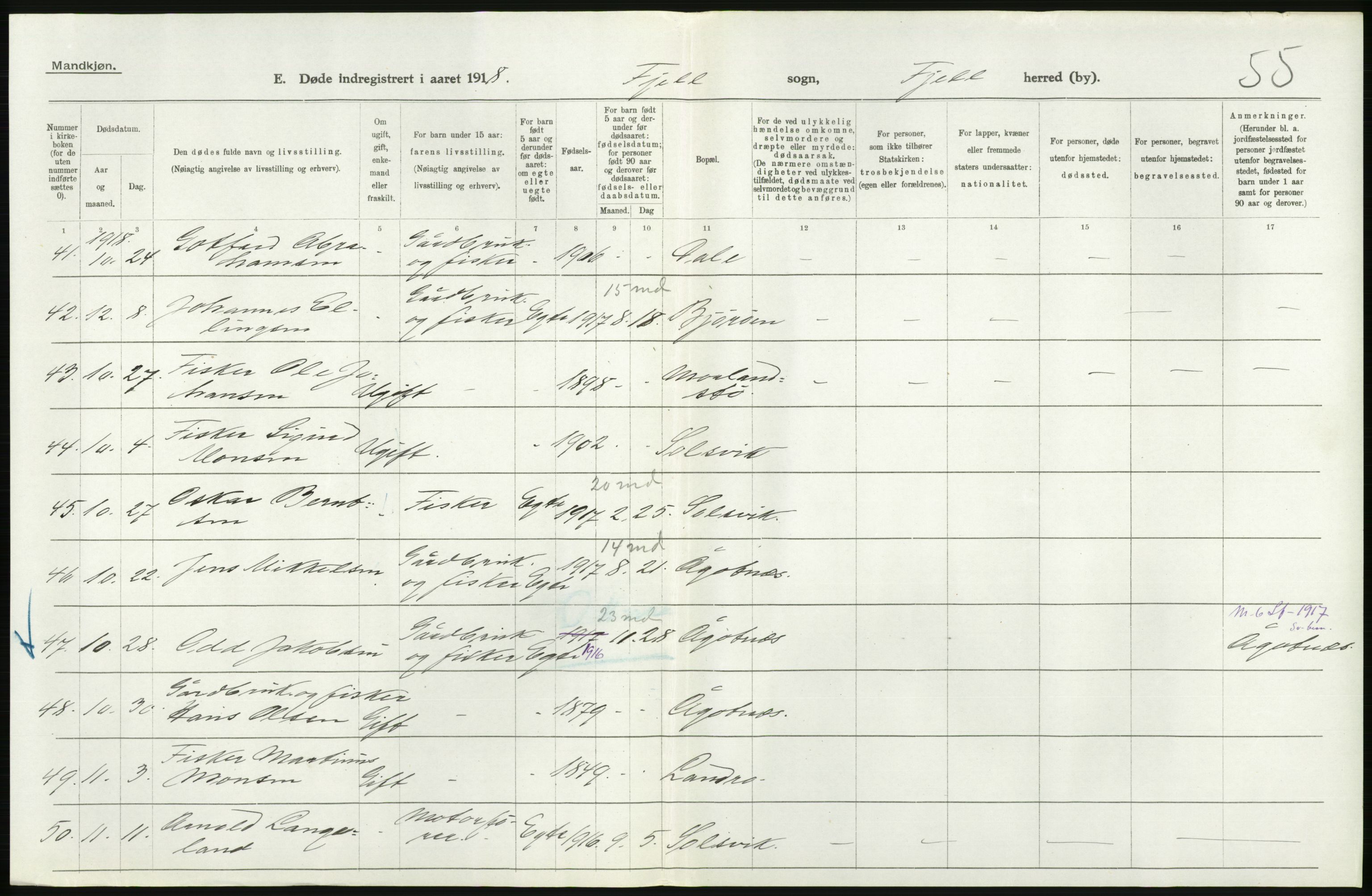 Statistisk sentralbyrå, Sosiodemografiske emner, Befolkning, RA/S-2228/D/Df/Dfb/Dfbh/L0036: Hordaland fylke: Døde., 1918, p. 176