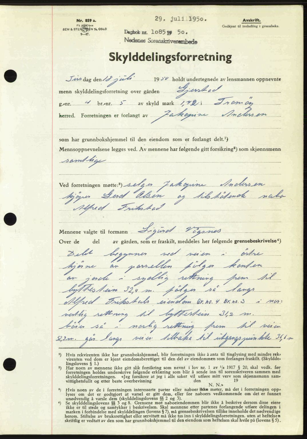 Nedenes sorenskriveri, AV/SAK-1221-0006/G/Gb/Gba/L0063: Mortgage book no. A15, 1950-1950, Diary no: : 1085/1950