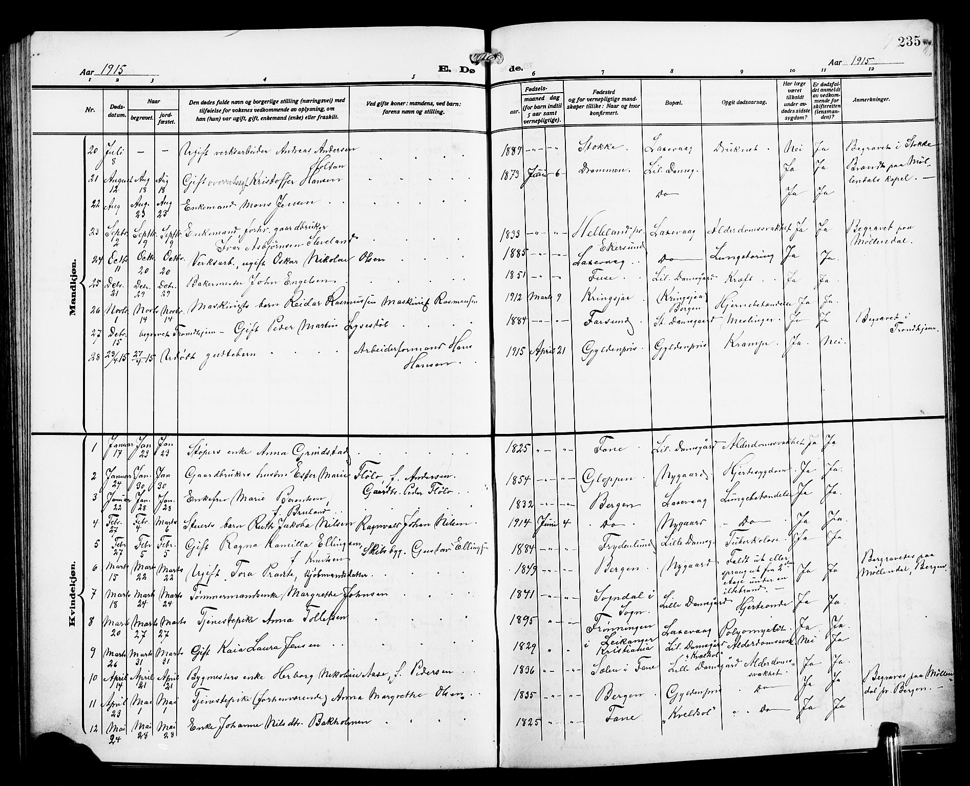 Laksevåg Sokneprestembete, SAB/A-76501/H/Ha/Hab/Haba/L0005: Parish register (copy) no. A 5, 1910-1917, p. 235