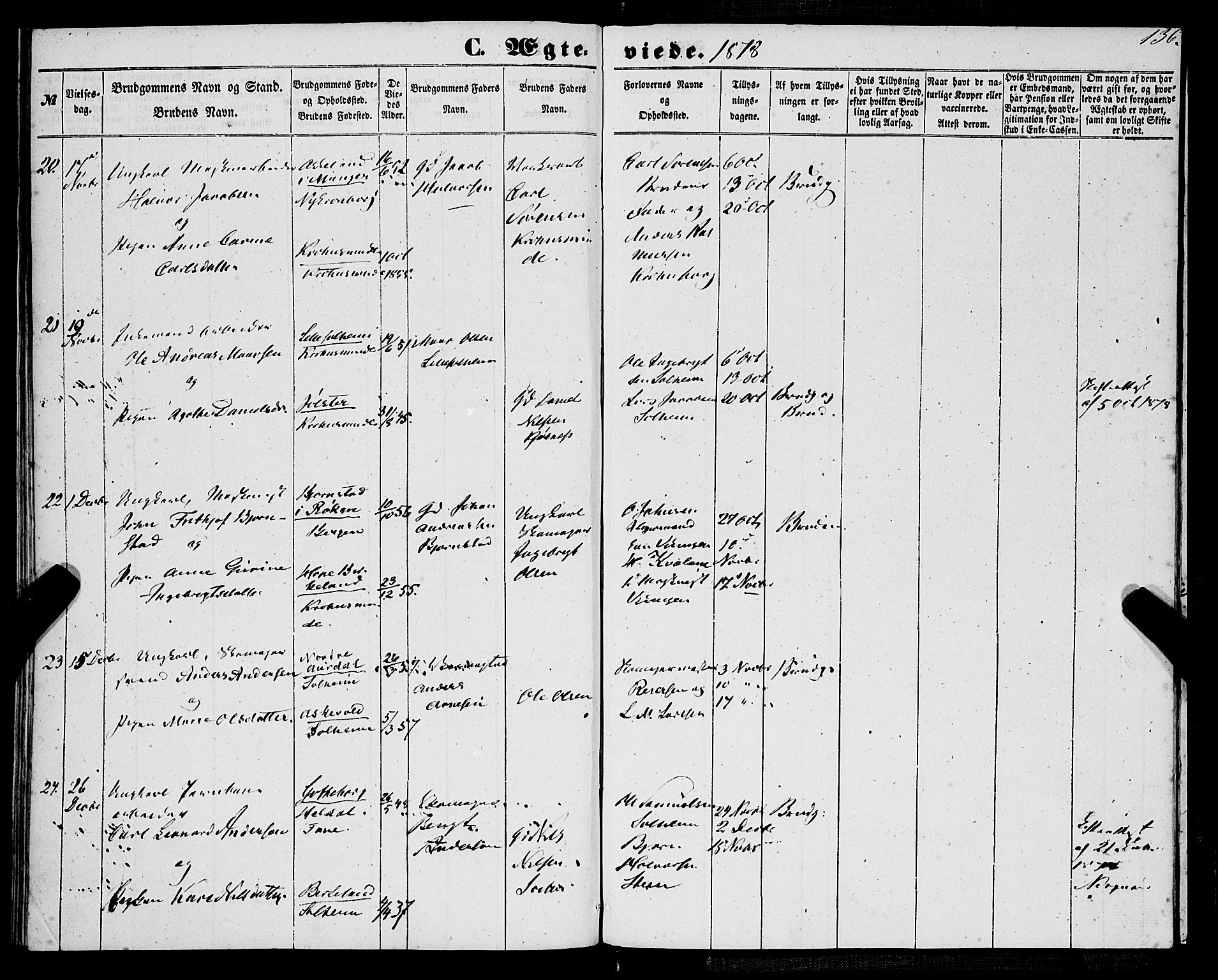 St. Jørgens hospital og Årstad sokneprestembete, AV/SAB-A-99934: Parish register (official) no. A 9, 1853-1878, p. 136