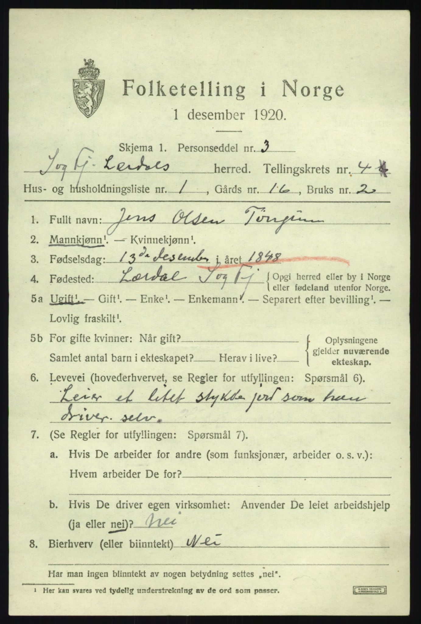 SAB, 1920 census for Lærdal, 1920, p. 2206