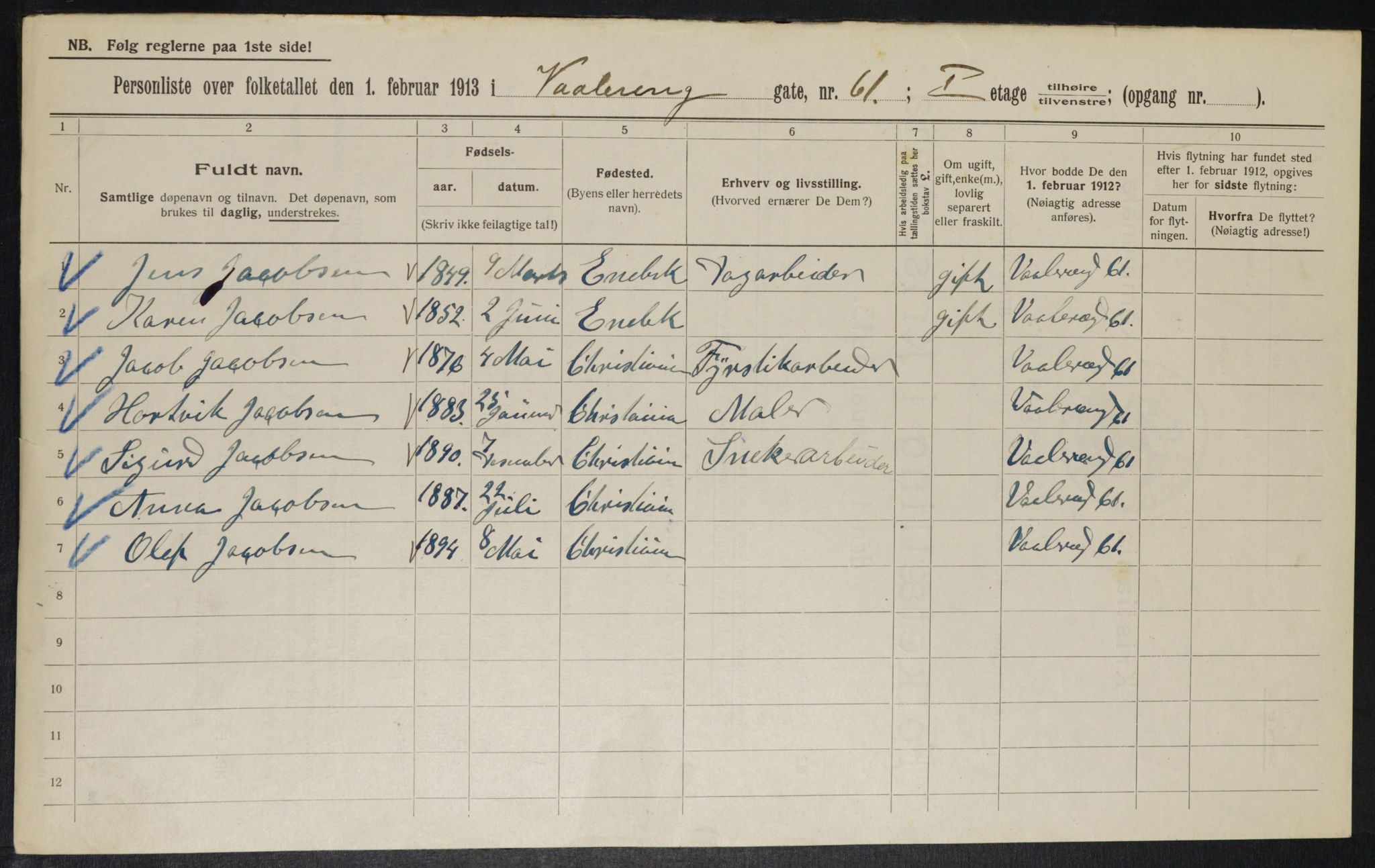 OBA, Municipal Census 1913 for Kristiania, 1913, p. 126121