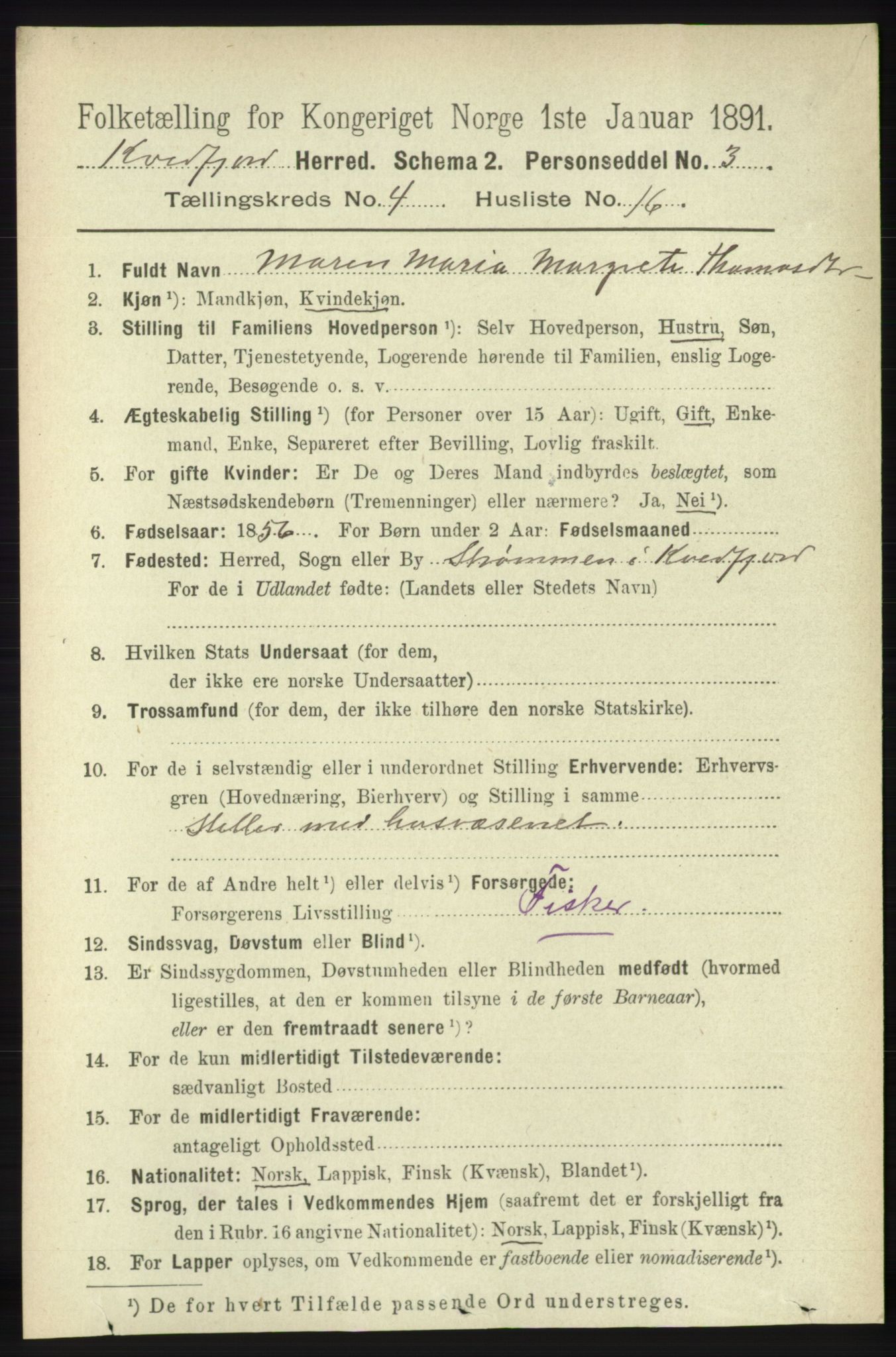 RA, 1891 census for 1911 Kvæfjord, 1891, p. 1986