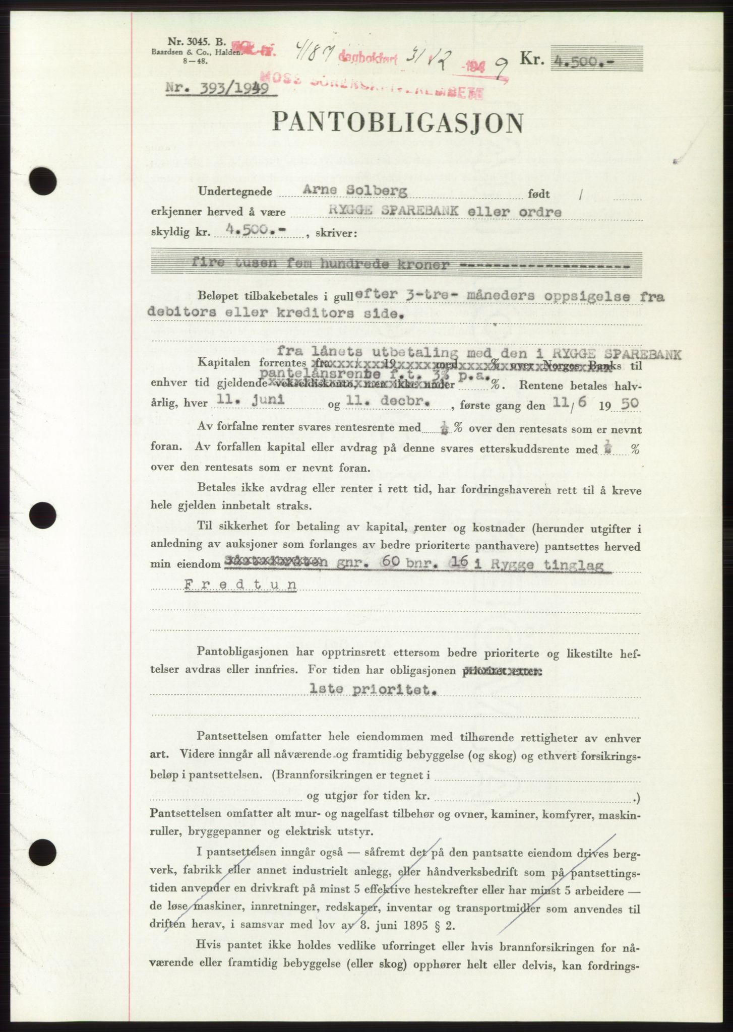 Moss sorenskriveri, SAO/A-10168: Mortgage book no. B23, 1949-1950, Diary no: : 4187/1949