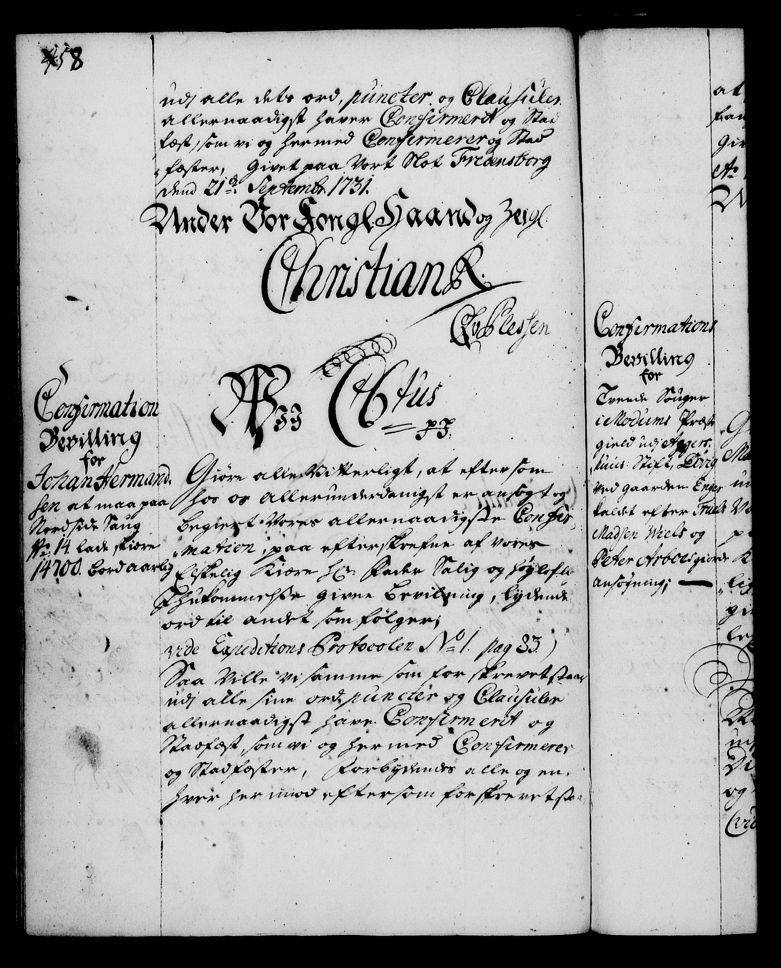 Rentekammeret, Kammerkanselliet, RA/EA-3111/G/Gg/Gga/L0003: Norsk ekspedisjonsprotokoll med register (merket RK 53.3), 1727-1734, p. 458
