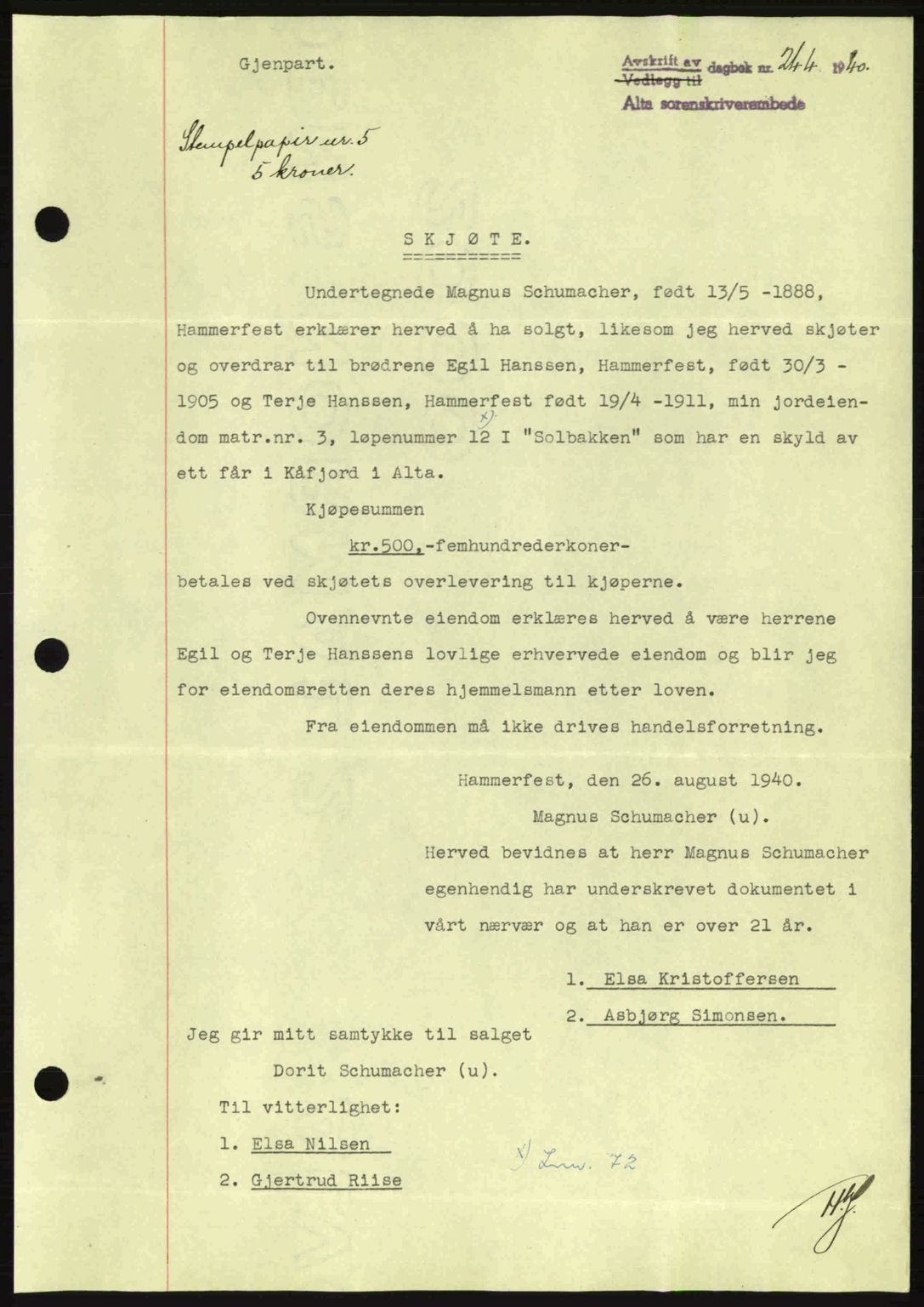 Alta fogderi/sorenskriveri, SATØ/SATØ-5/1/K/Kd/L0033pantebok: Mortgage book no. 33, 1940-1943, Diary no: : 244/1940