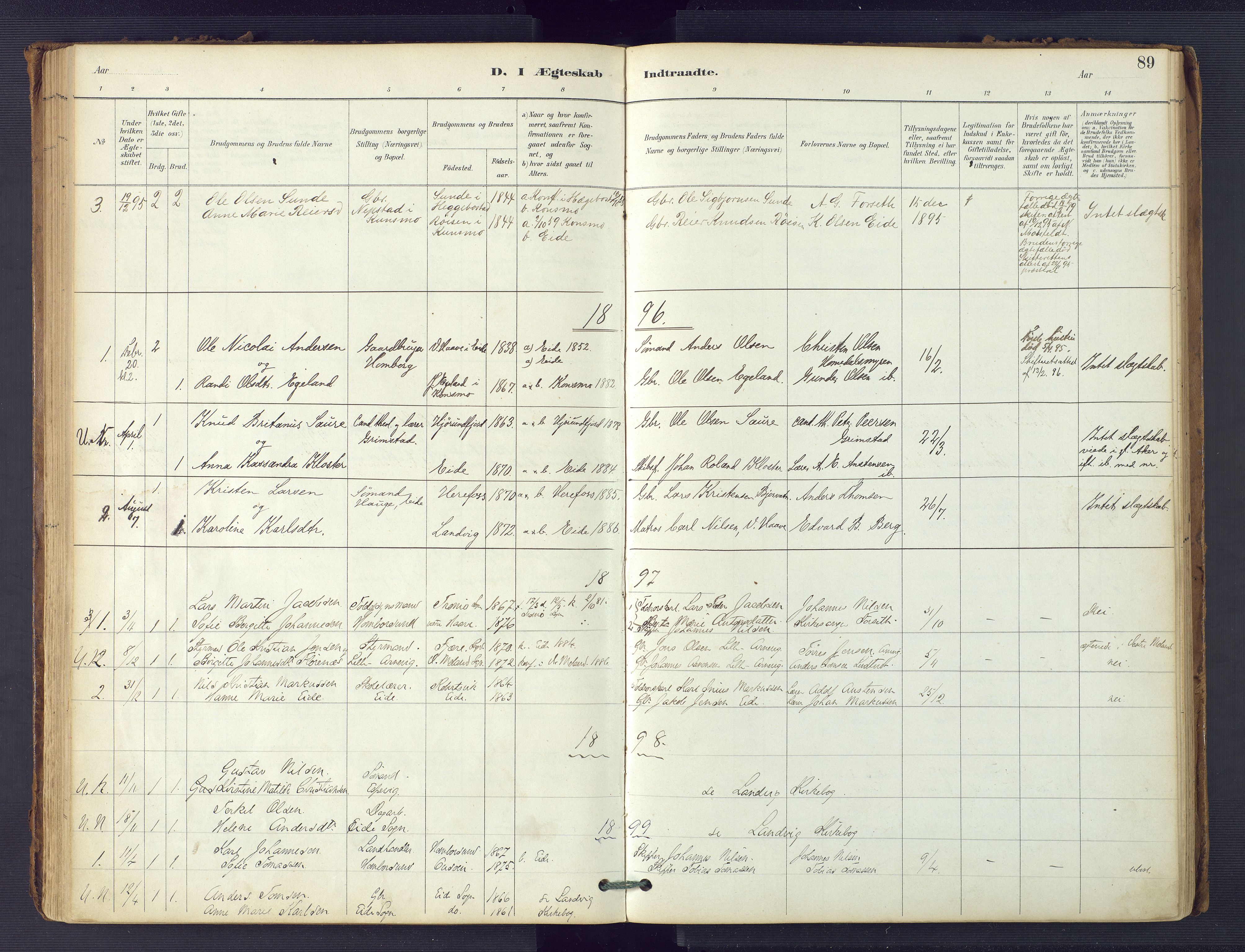 Hommedal sokneprestkontor, SAK/1111-0023/F/Fa/Faa/L0003: Parish register (official) no. A 3, 1885-1916, p. 89