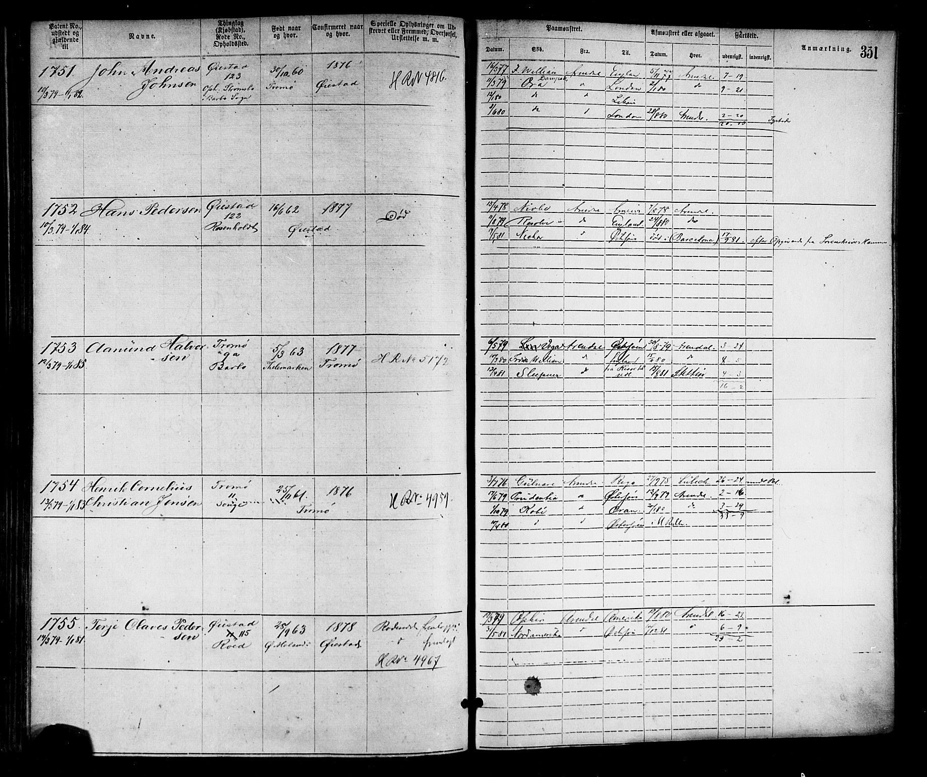 Arendal mønstringskrets, SAK/2031-0012/F/Fa/L0002: Annotasjonsrulle nr 1-1910 med register, S-2, 1868-1880, p. 384