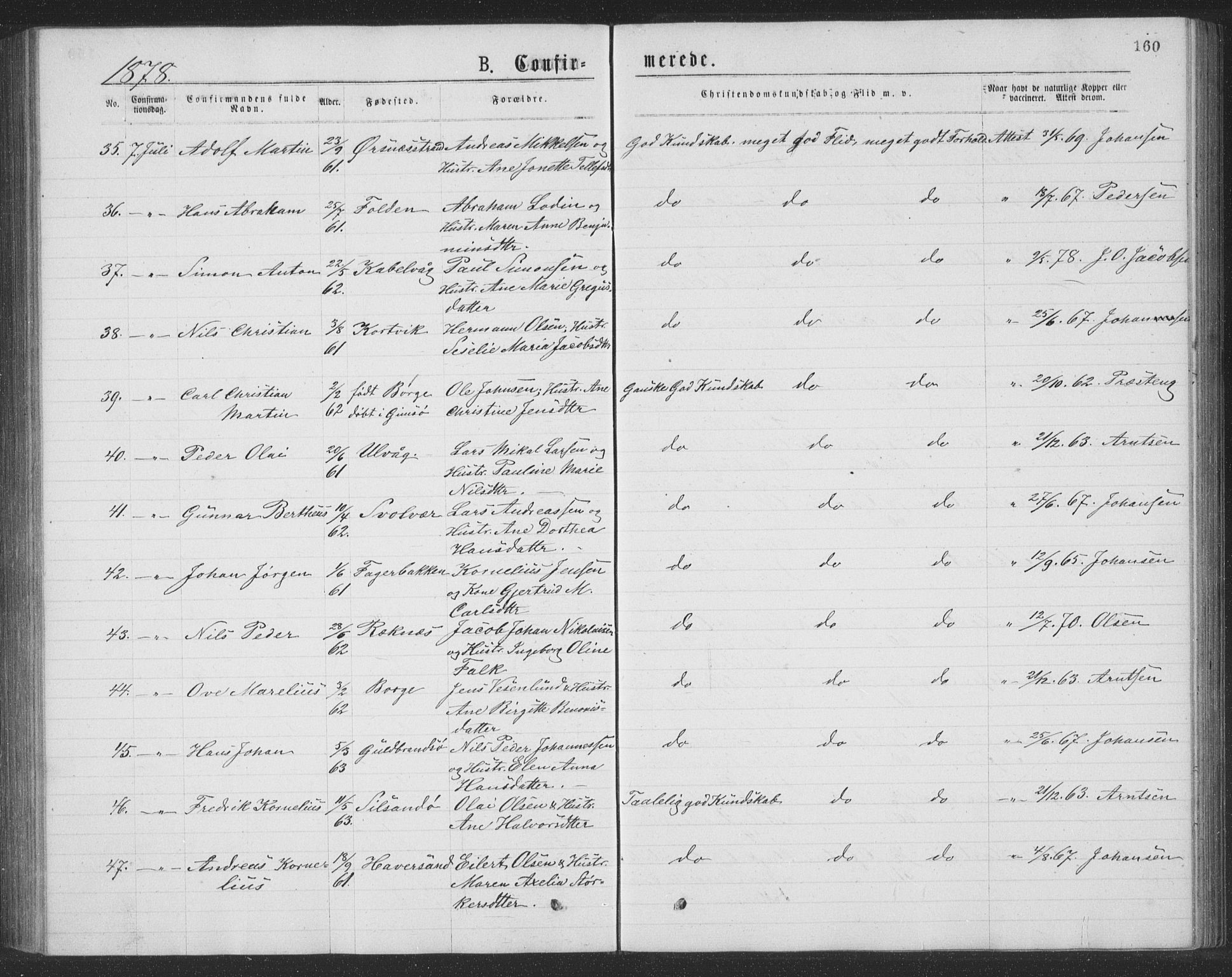 Ministerialprotokoller, klokkerbøker og fødselsregistre - Nordland, AV/SAT-A-1459/874/L1075: Parish register (copy) no. 874C04, 1876-1883, p. 160