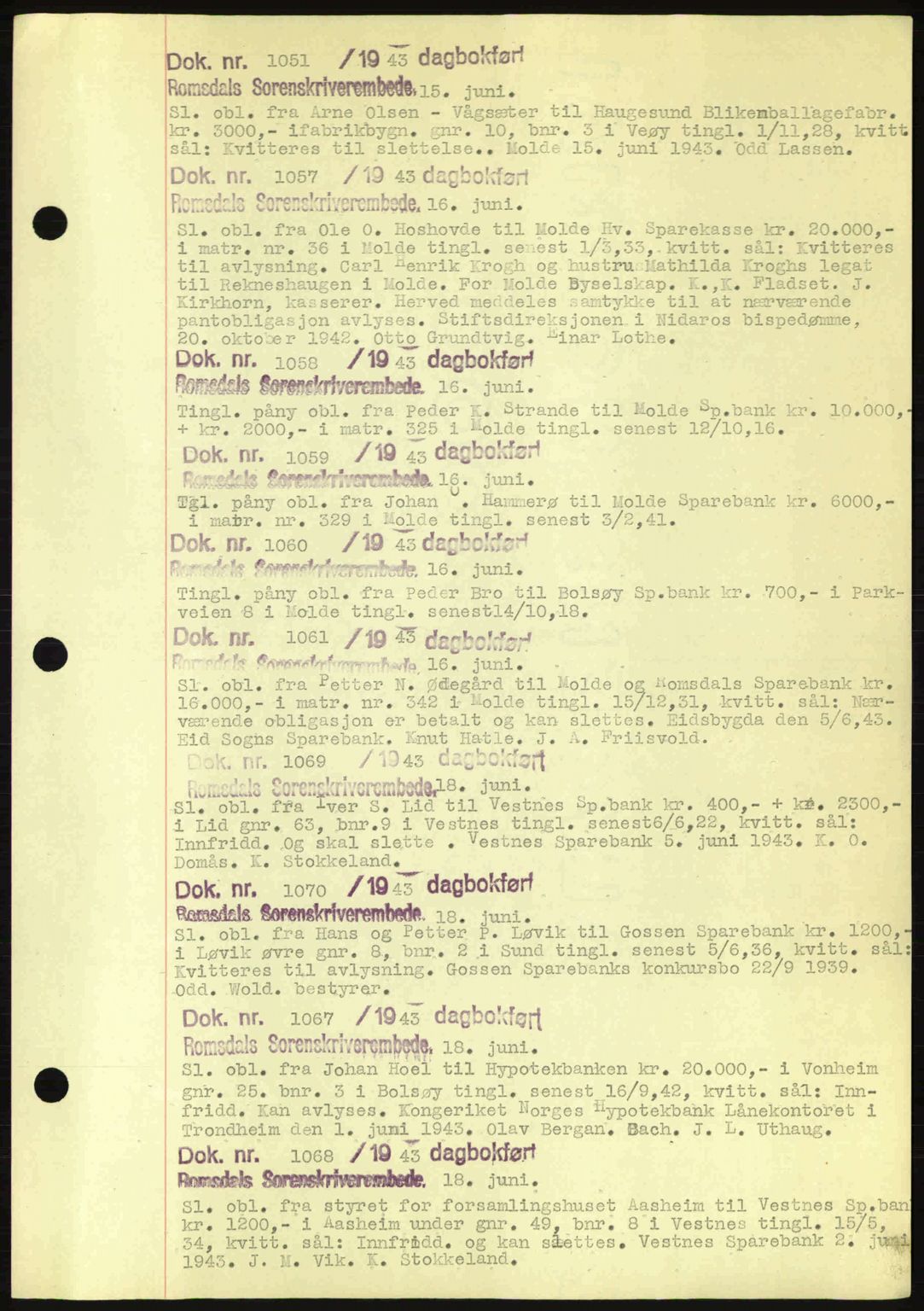 Romsdal sorenskriveri, AV/SAT-A-4149/1/2/2C: Mortgage book no. C1a, 1936-1945, Diary no: : 1051/1943