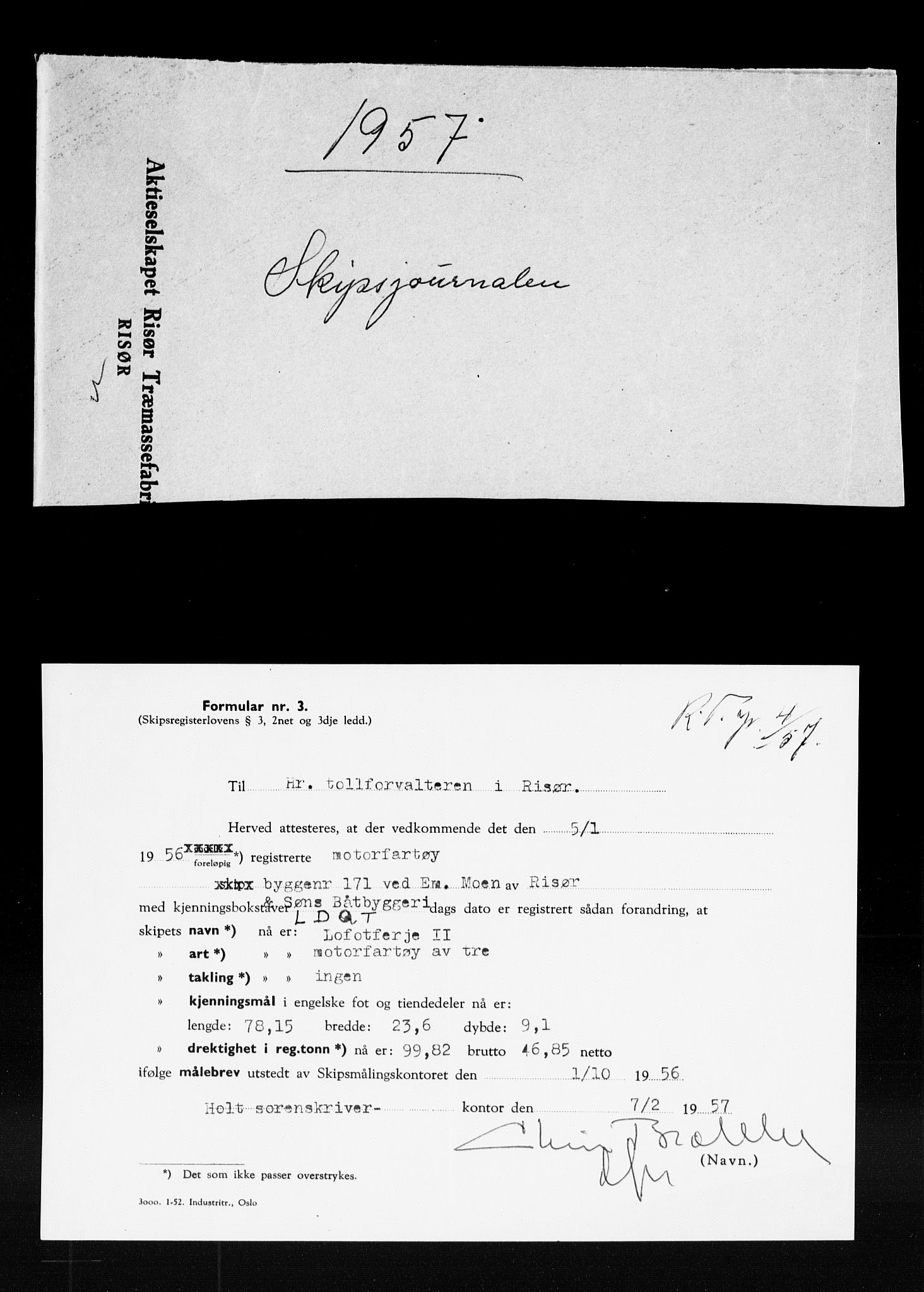 Risør tollsted, SAK/1351-0010/H/Ha/L0320: Skipsregisteret. Journalsaker, 1861-1957, p. 681