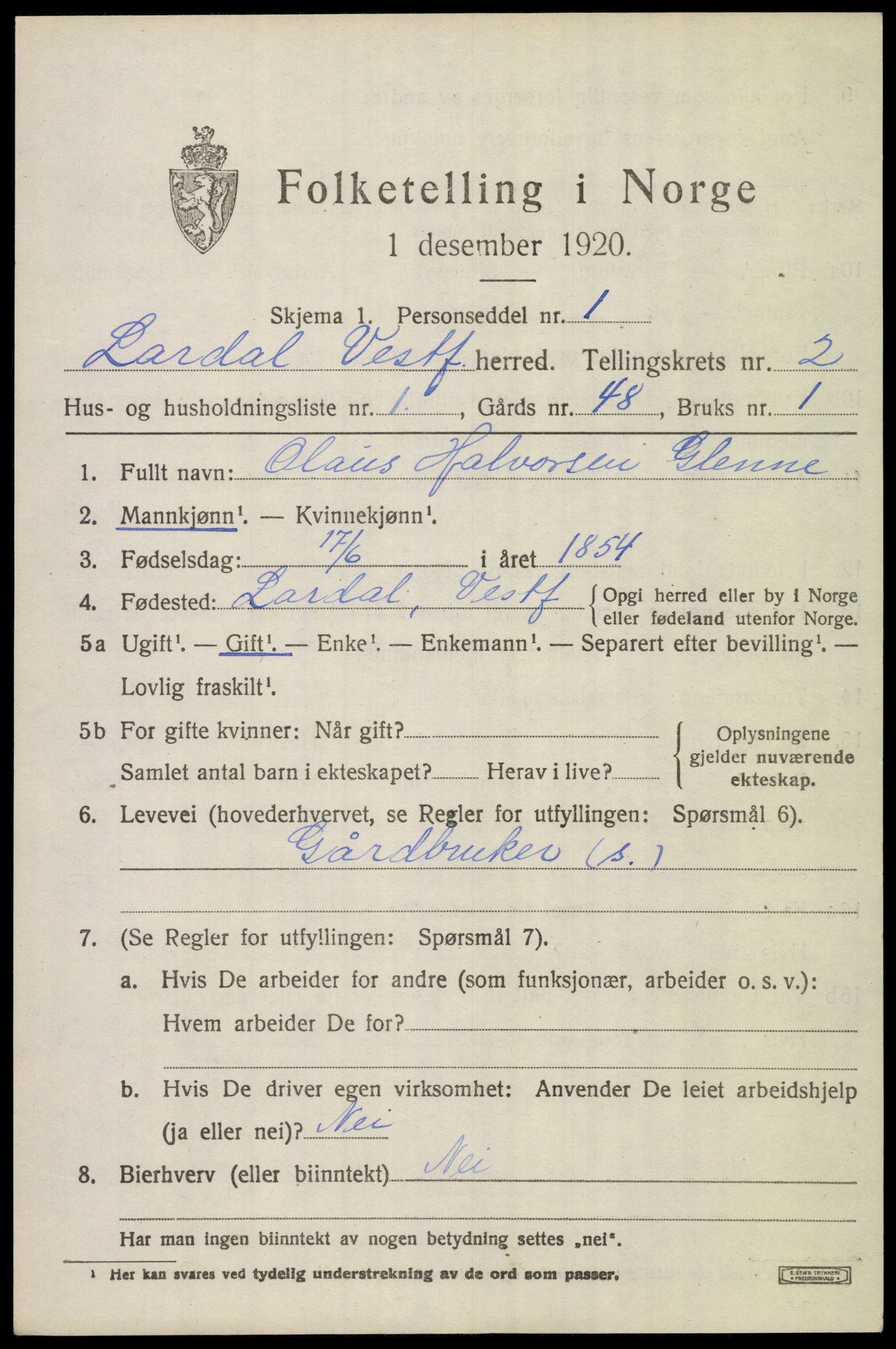 SAKO, 1920 census for Lardal, 1920, p. 1977