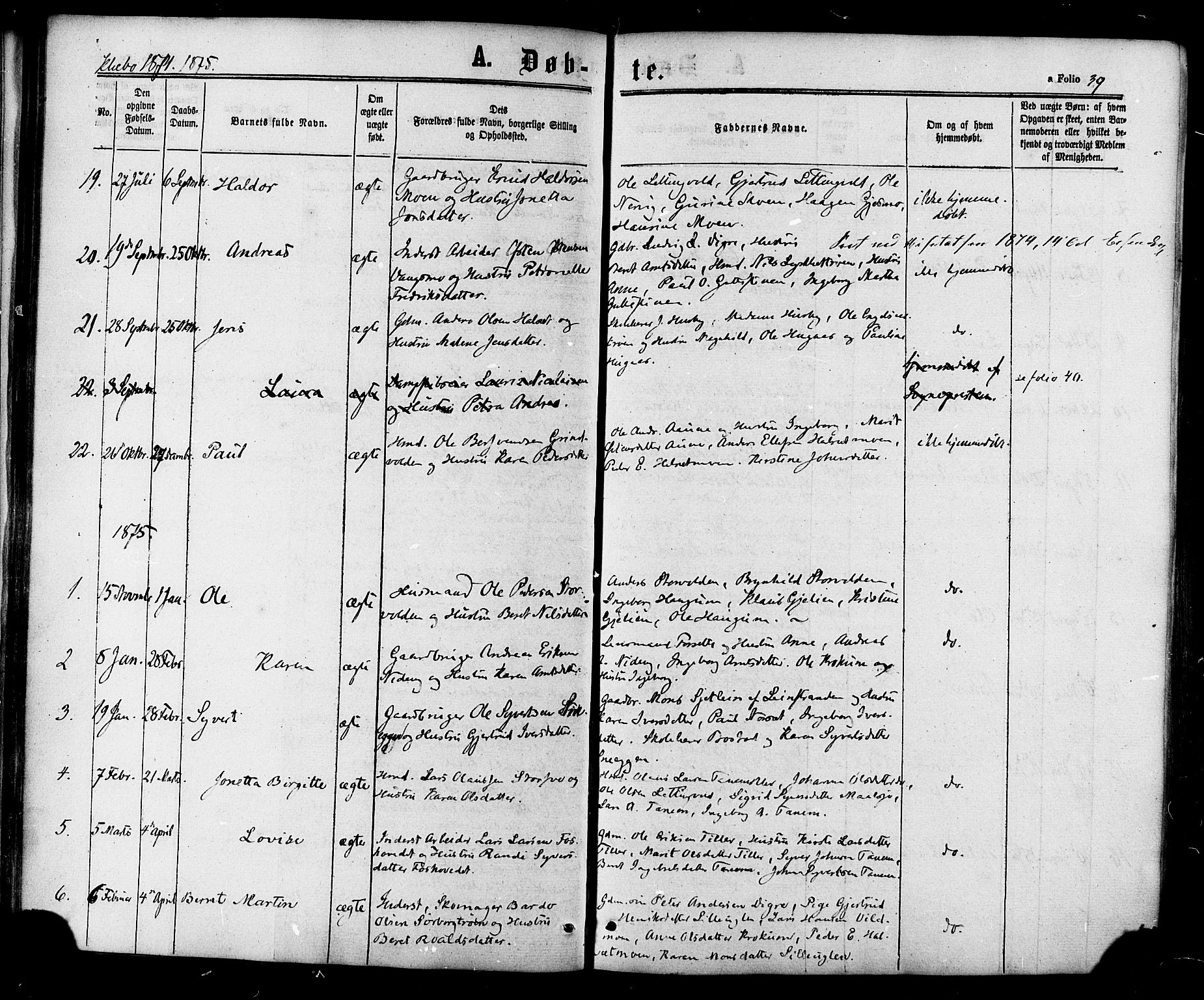 Ministerialprotokoller, klokkerbøker og fødselsregistre - Sør-Trøndelag, SAT/A-1456/618/L0442: Parish register (official) no. 618A06 /1, 1863-1879, p. 39