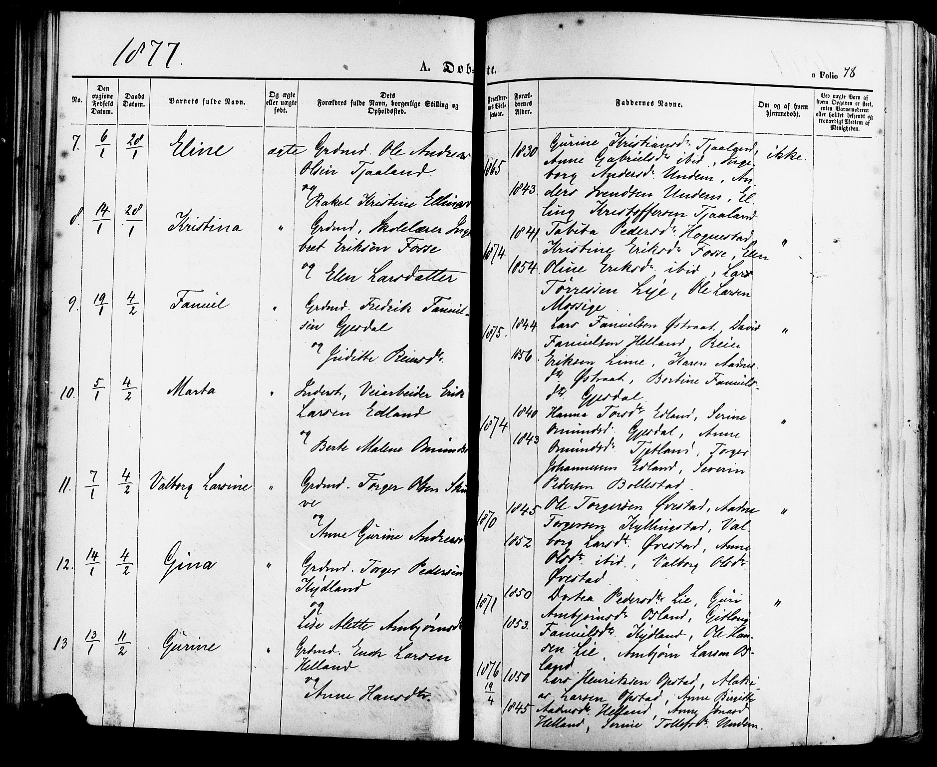 Lye sokneprestkontor, AV/SAST-A-101794/001/30BA/L0008: Parish register (official) no. A 7, 1872-1881, p. 78