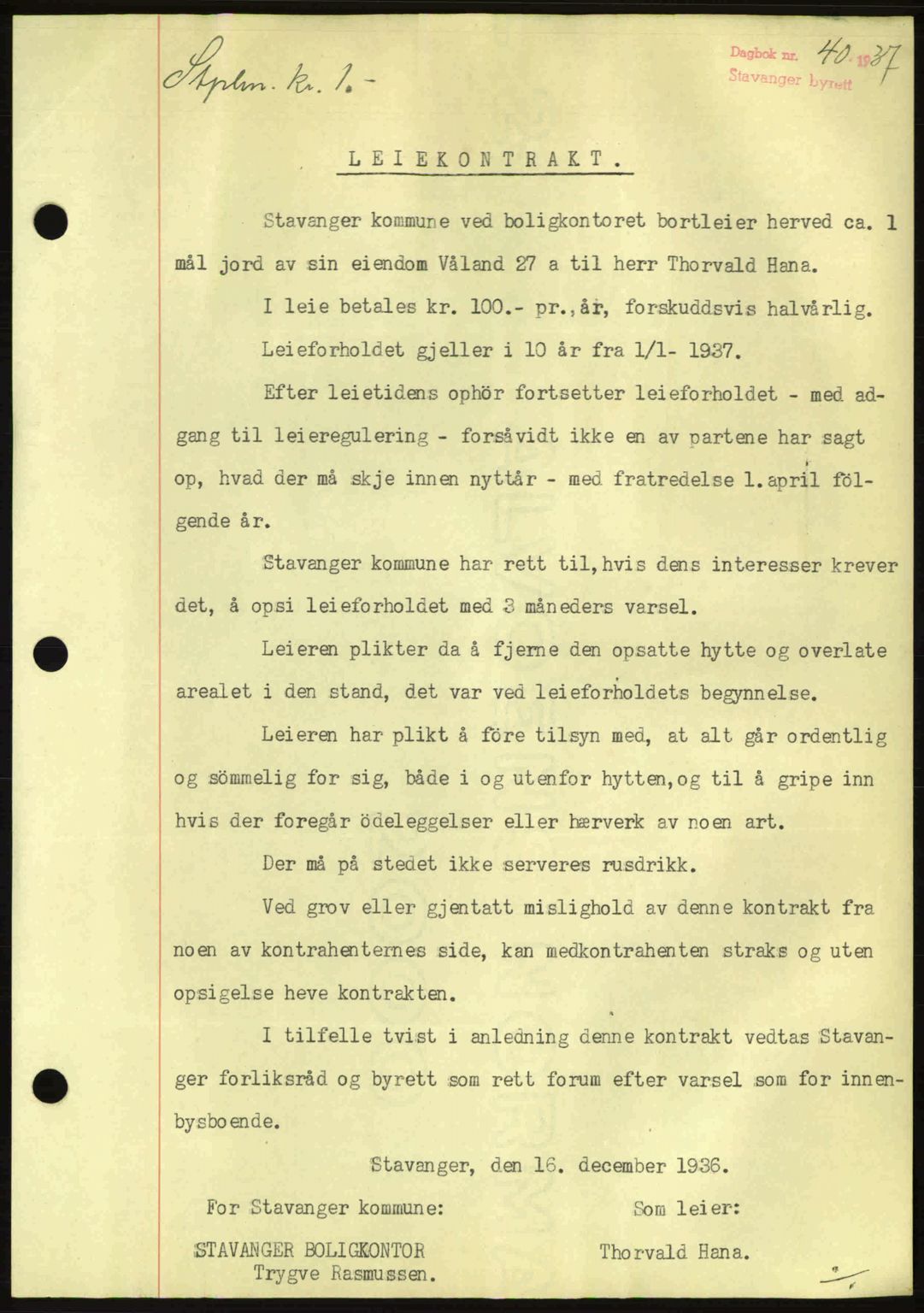 Stavanger byrett, SAST/A-100455/002/G/Gb/L0026: Mortgage book no. B1, 1936-1937, Diary no: : 40/1937