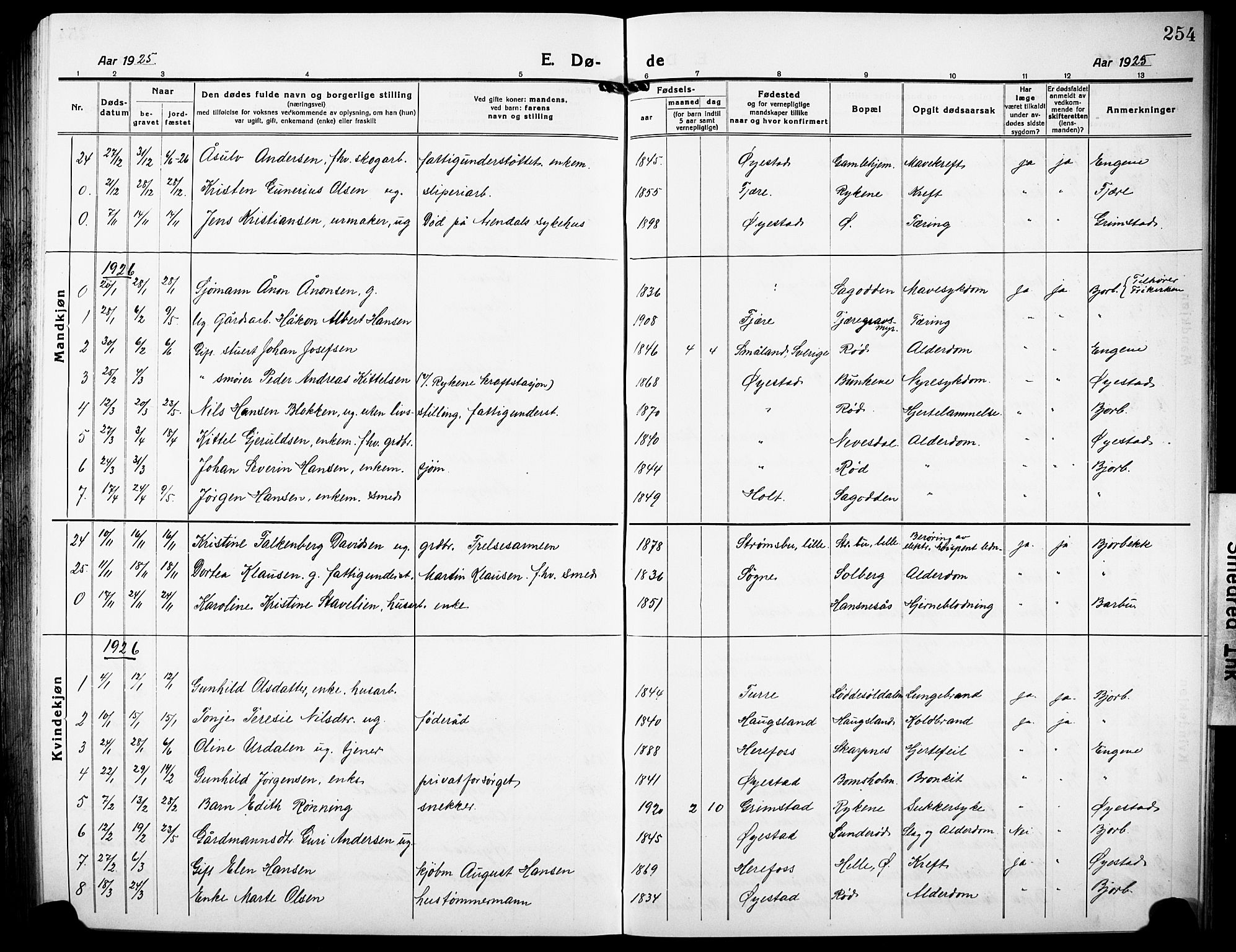 Øyestad sokneprestkontor, AV/SAK-1111-0049/F/Fb/L0012: Parish register (copy) no. B 12, 1919-1932, p. 254