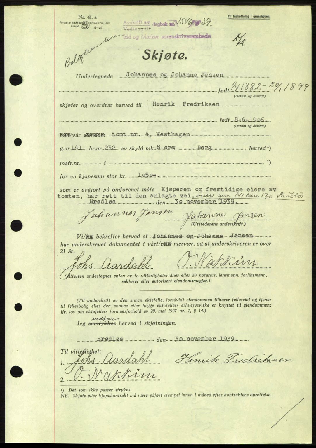 Idd og Marker sorenskriveri, AV/SAO-A-10283/G/Gb/Gbb/L0003: Mortgage book no. A3, 1938-1939, Diary no: : 1546/1939