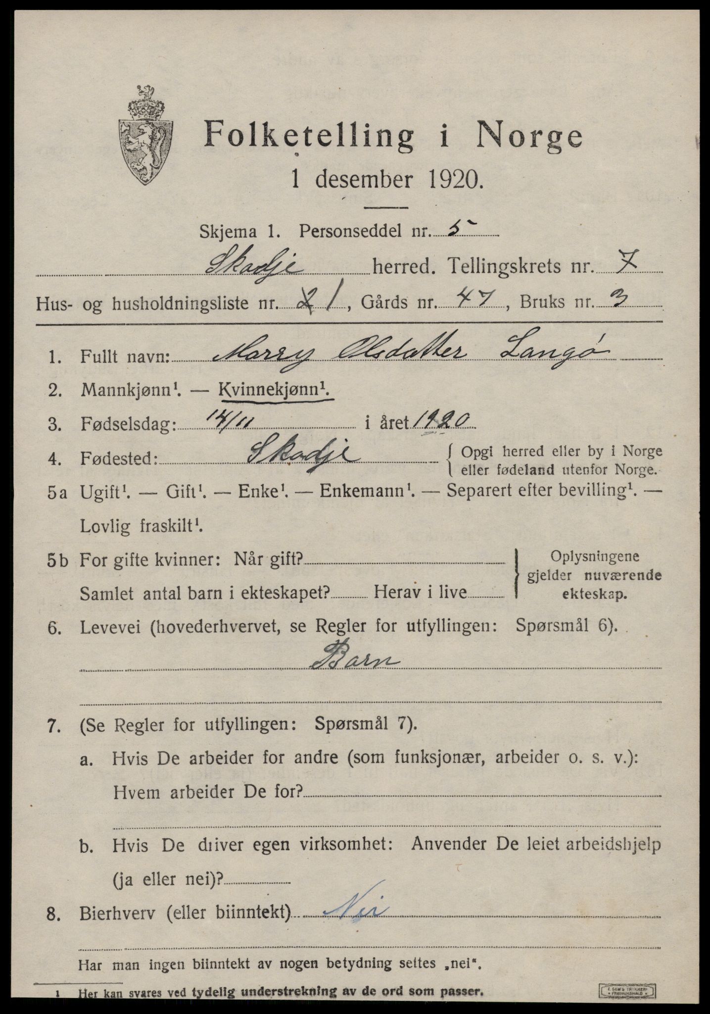 SAT, 1920 census for Skodje, 1920, p. 2977