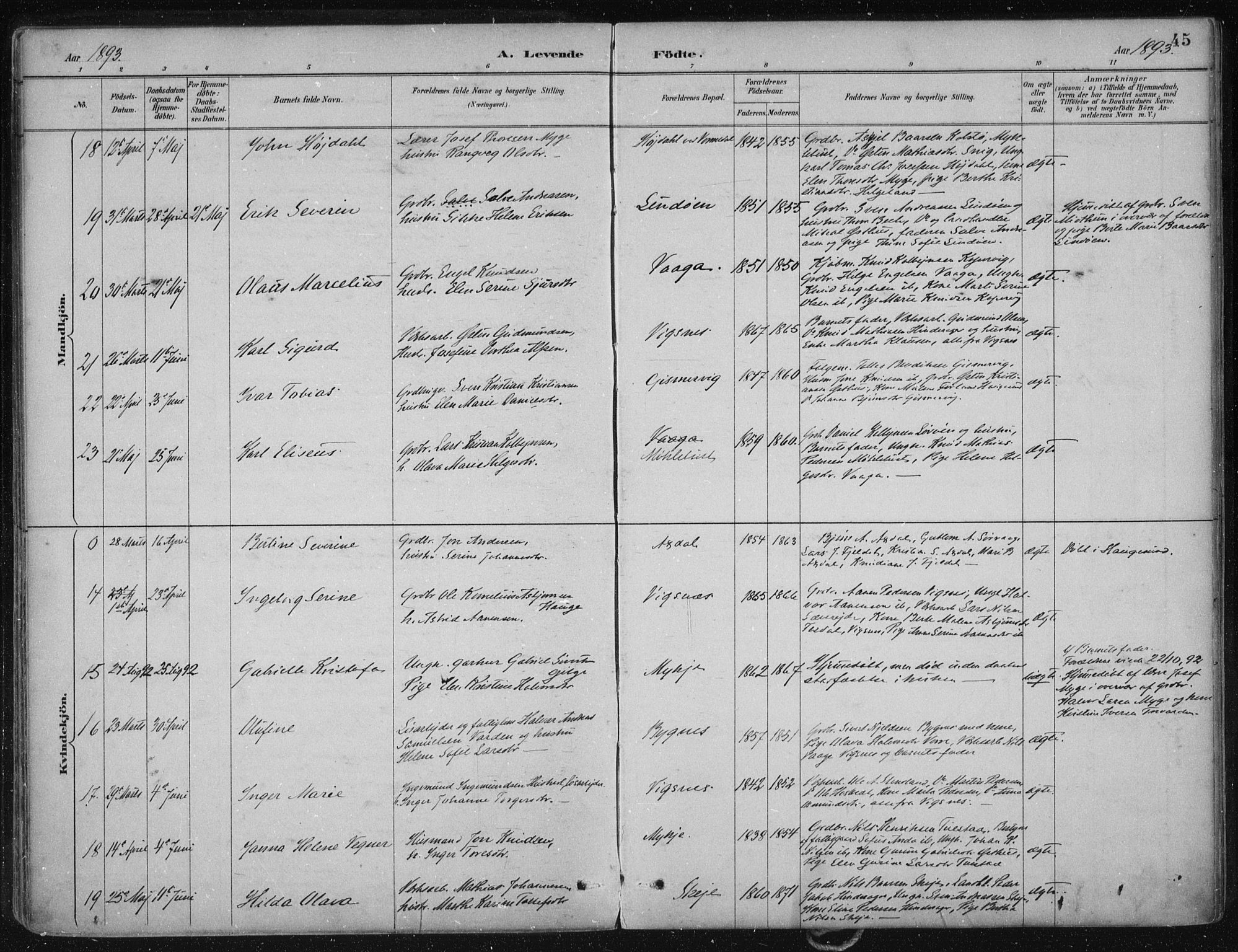 Avaldsnes sokneprestkontor, AV/SAST-A -101851/H/Ha/Haa/L0017: Parish register (official) no. A 17, 1889-1920, p. 45