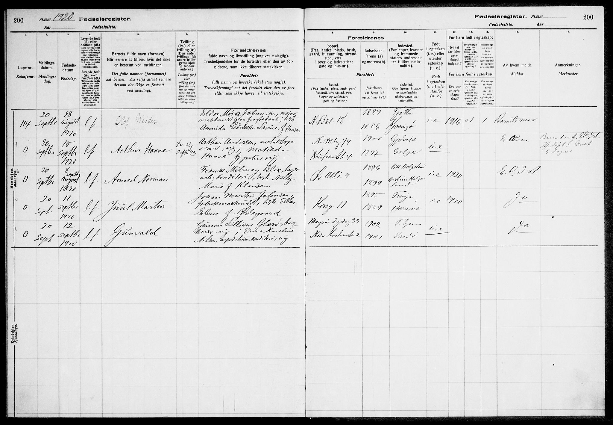 Ministerialprotokoller, klokkerbøker og fødselsregistre - Sør-Trøndelag, AV/SAT-A-1456/604/L0232: Birth register no. 604.II.4.1, 1916-1920, p. 200