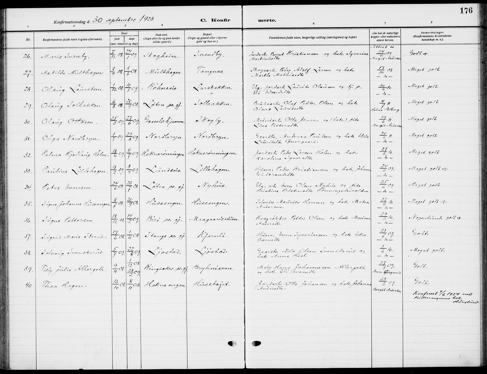 Romedal prestekontor, SAH/PREST-004/K/L0012: Parish register (official) no. 12, 1913-1935, p. 176