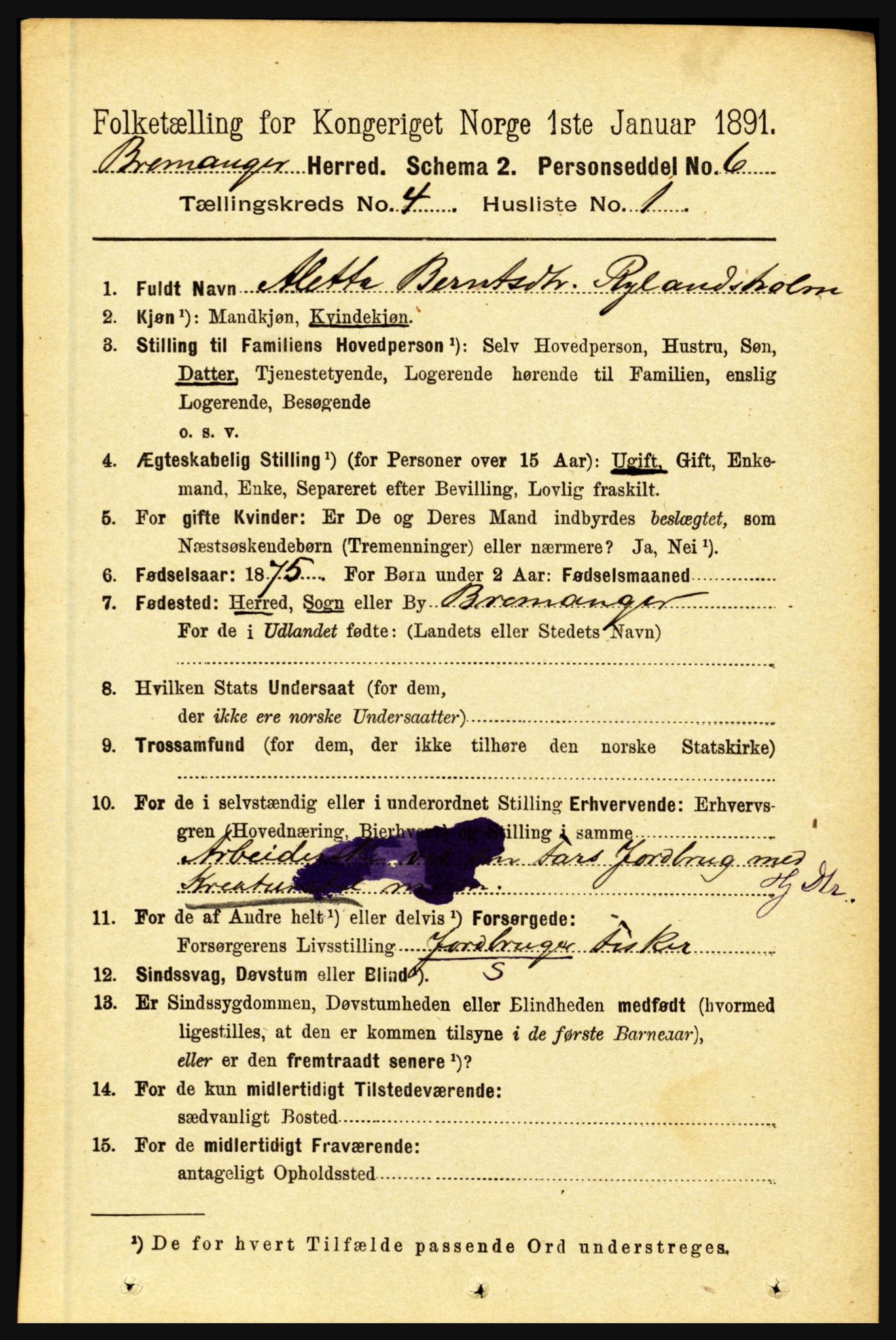 RA, 1891 census for 1438 Bremanger, 1891, p. 1517