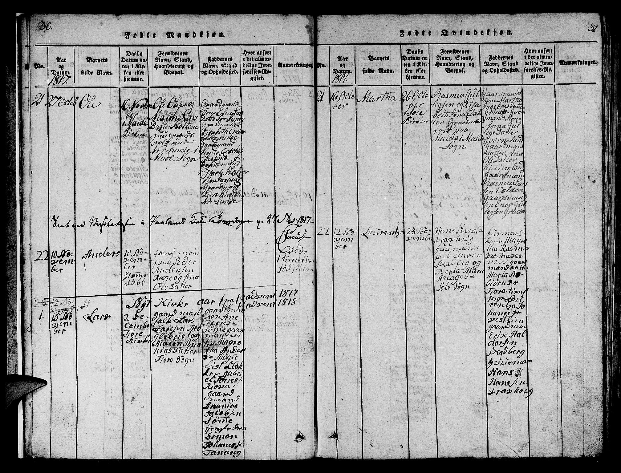 Håland sokneprestkontor, AV/SAST-A-101802/001/30BB/L0001: Parish register (copy) no. B 1, 1815-1845, p. 30-31