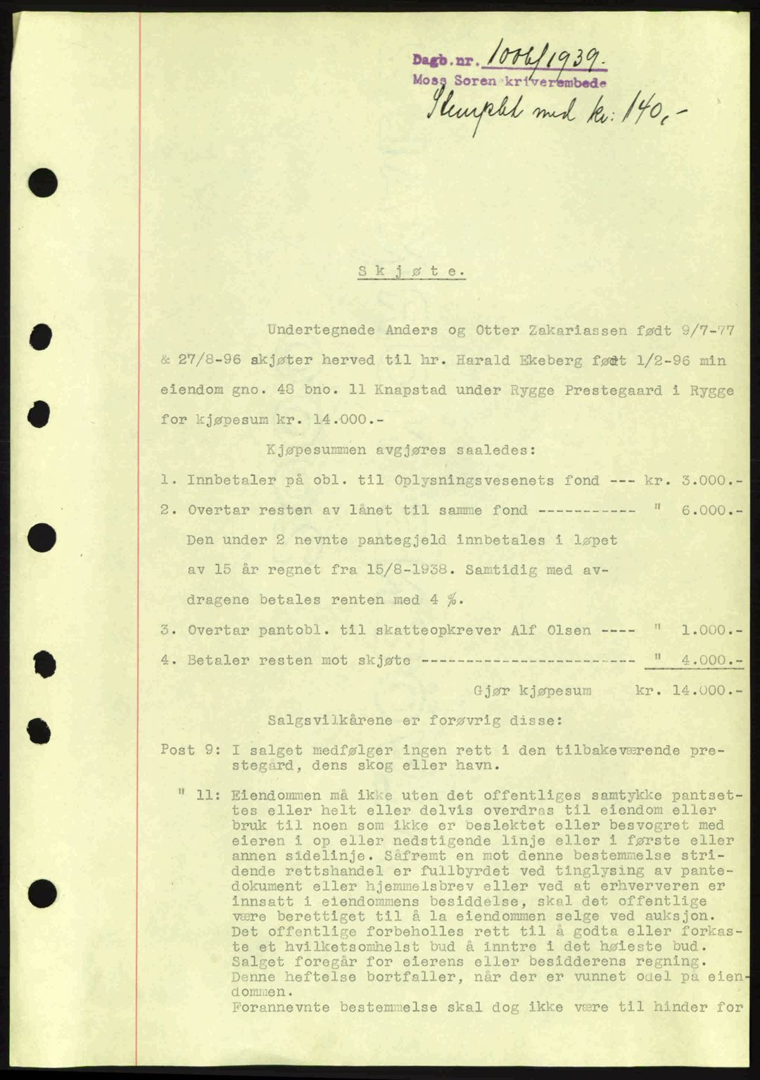 Moss sorenskriveri, SAO/A-10168: Mortgage book no. A5, 1938-1939, Diary no: : 1006/1939