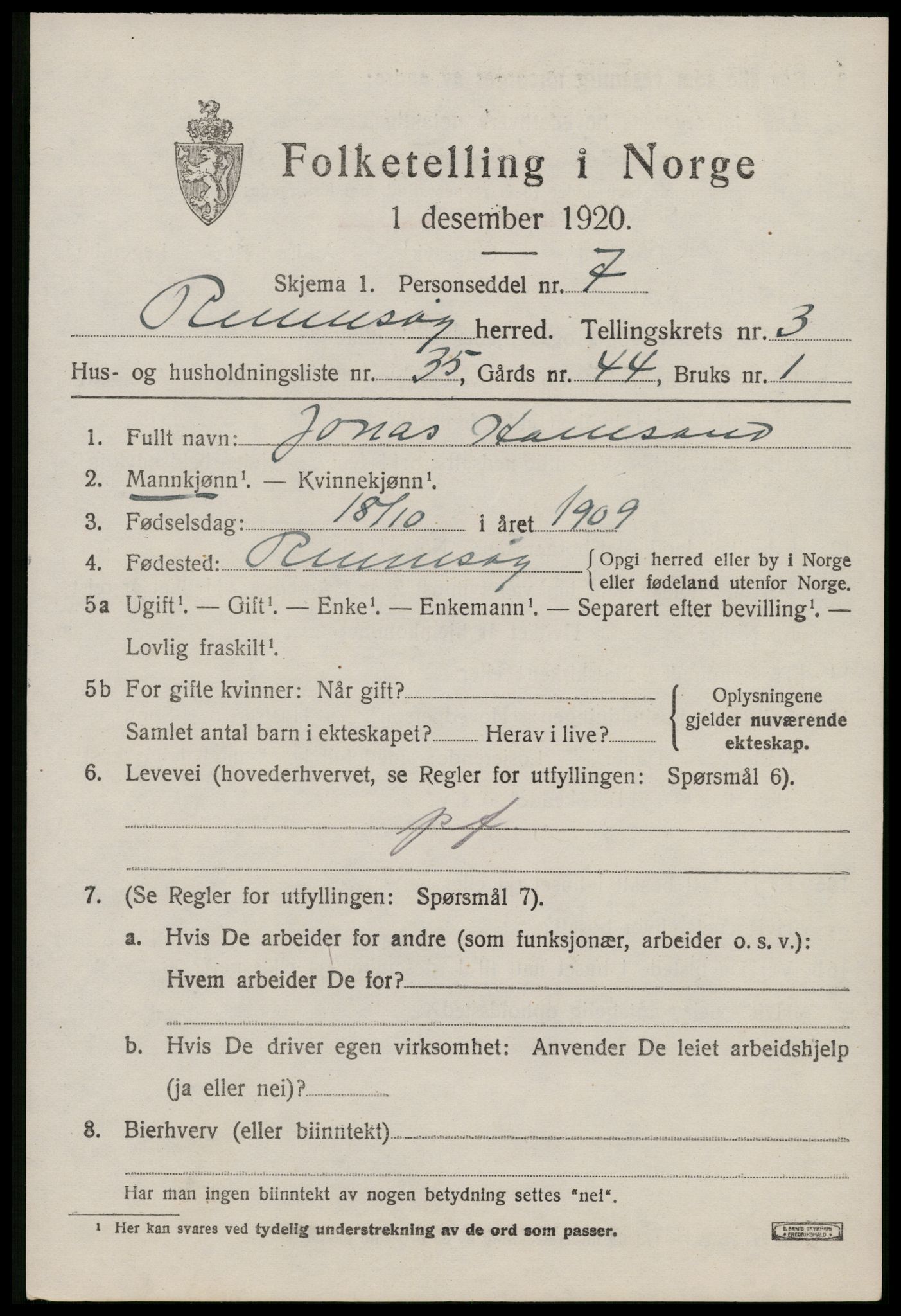 SAST, 1920 census for Rennesøy, 1920, p. 2368