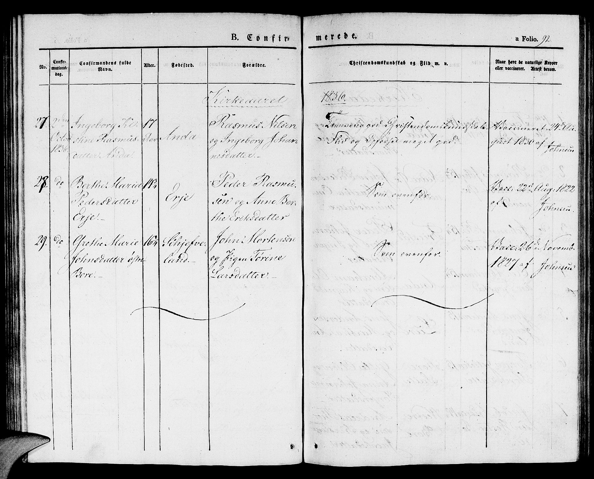 Klepp sokneprestkontor, SAST/A-101803/001/3/30BA/L0003: Parish register (official) no. A 3, 1833-1842, p. 92