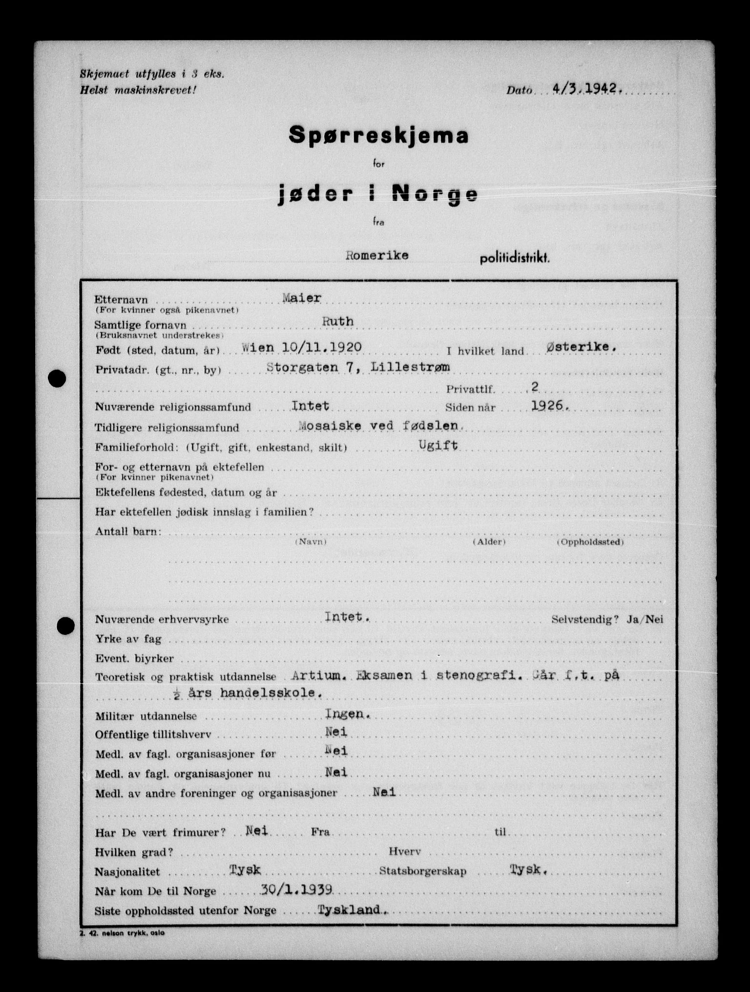 Statspolitiet - Hovedkontoret / Osloavdelingen, AV/RA-S-1329/G/Ga/L0012: Spørreskjema for jøder i Norge. 1: Aker 114- 207 (Levinson-Wozak) og 656 (Salomon). 2: Arendal-Hordaland. 3: Horten-Romerike.  , 1942, p. 930