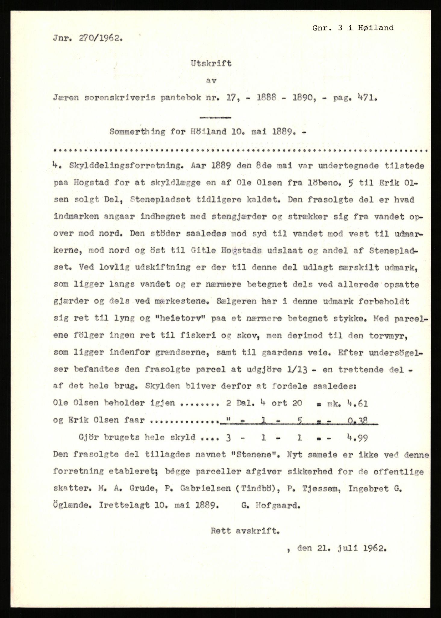 Statsarkivet i Stavanger, AV/SAST-A-101971/03/Y/Yj/L0038: Avskrifter sortert etter gårdsnavn: Hodne - Holte, 1750-1930, p. 294