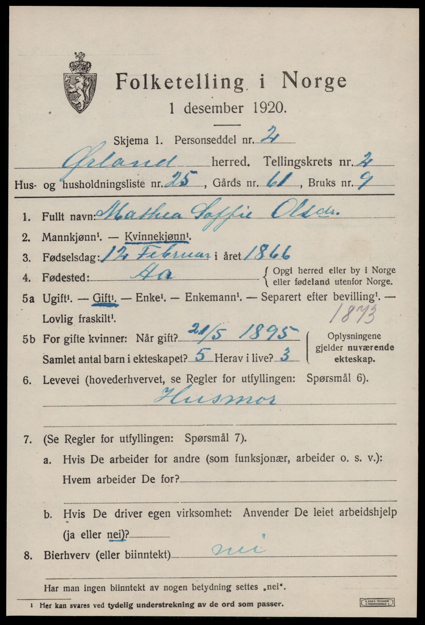 SAT, 1920 census for Ørland, 1920, p. 2465