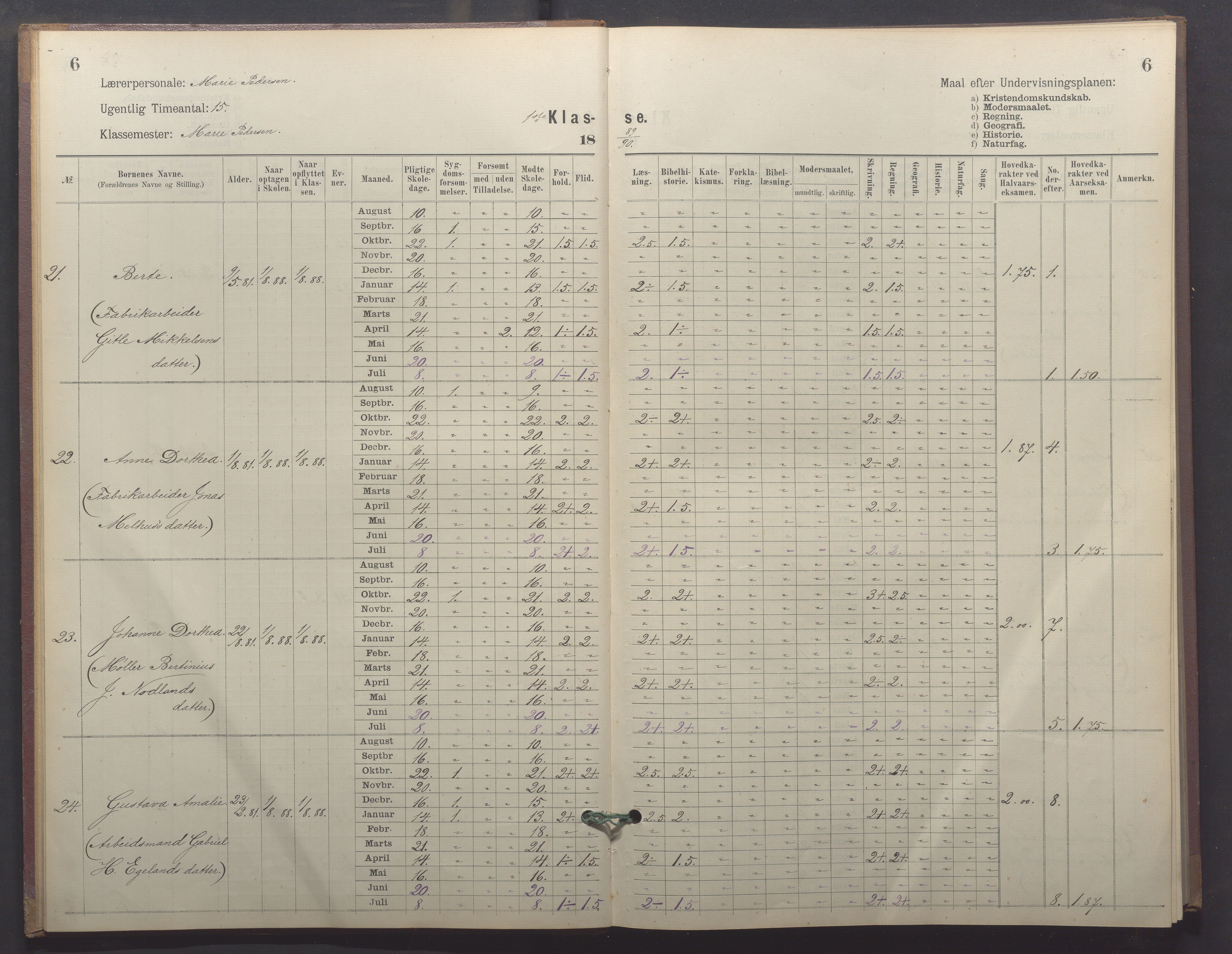 Egersund kommune (Ladested) - Egersund almueskole/folkeskole, IKAR/K-100521/H/L0026: Skoleprotokoll - Almueskolen, 1. klasse, 1889-1893, p. 6