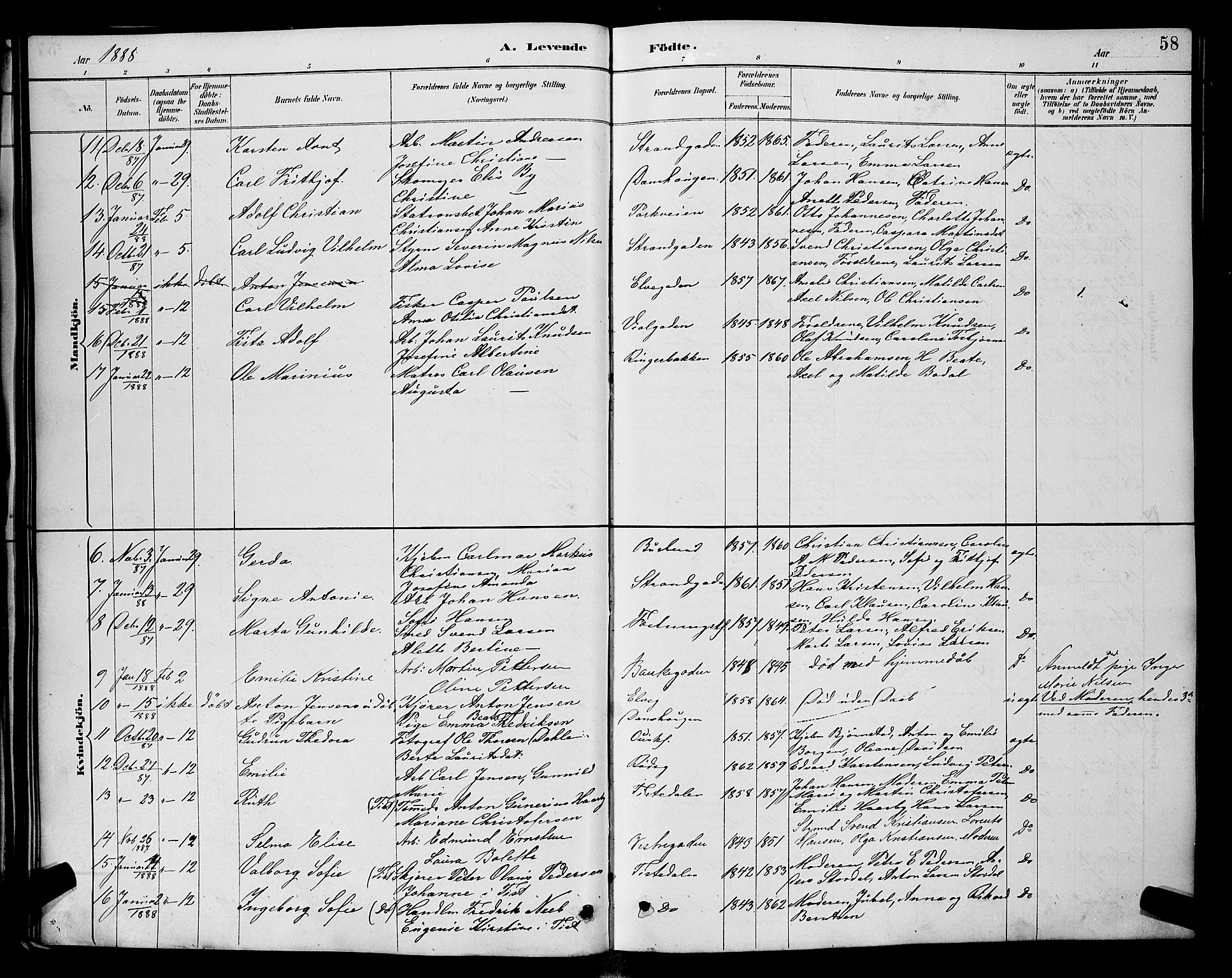 Halden prestekontor Kirkebøker, AV/SAO-A-10909/G/Ga/L0008: Parish register (copy) no. 8, 1885-1899, p. 58