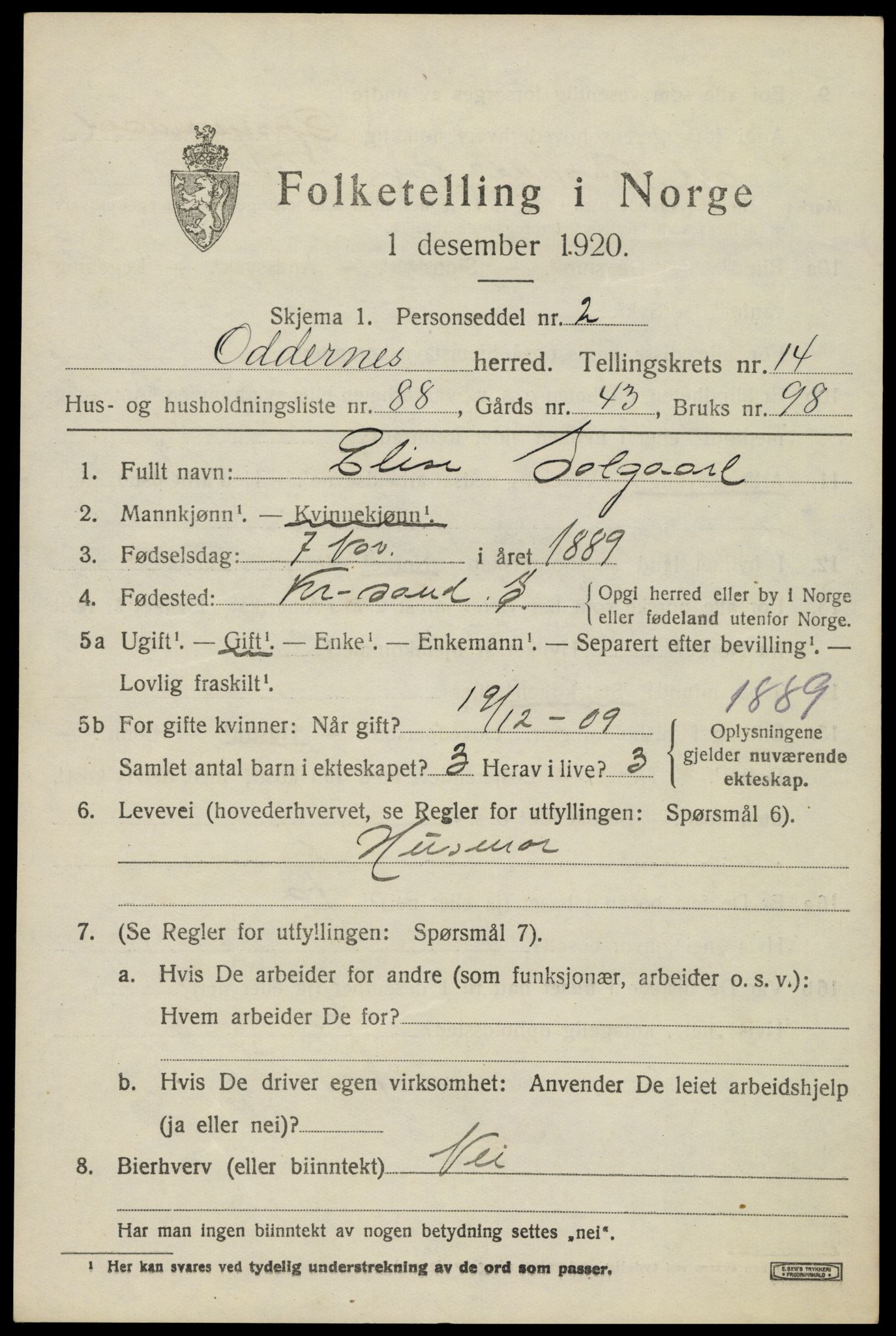 SAK, 1920 census for Oddernes, 1920, p. 9645