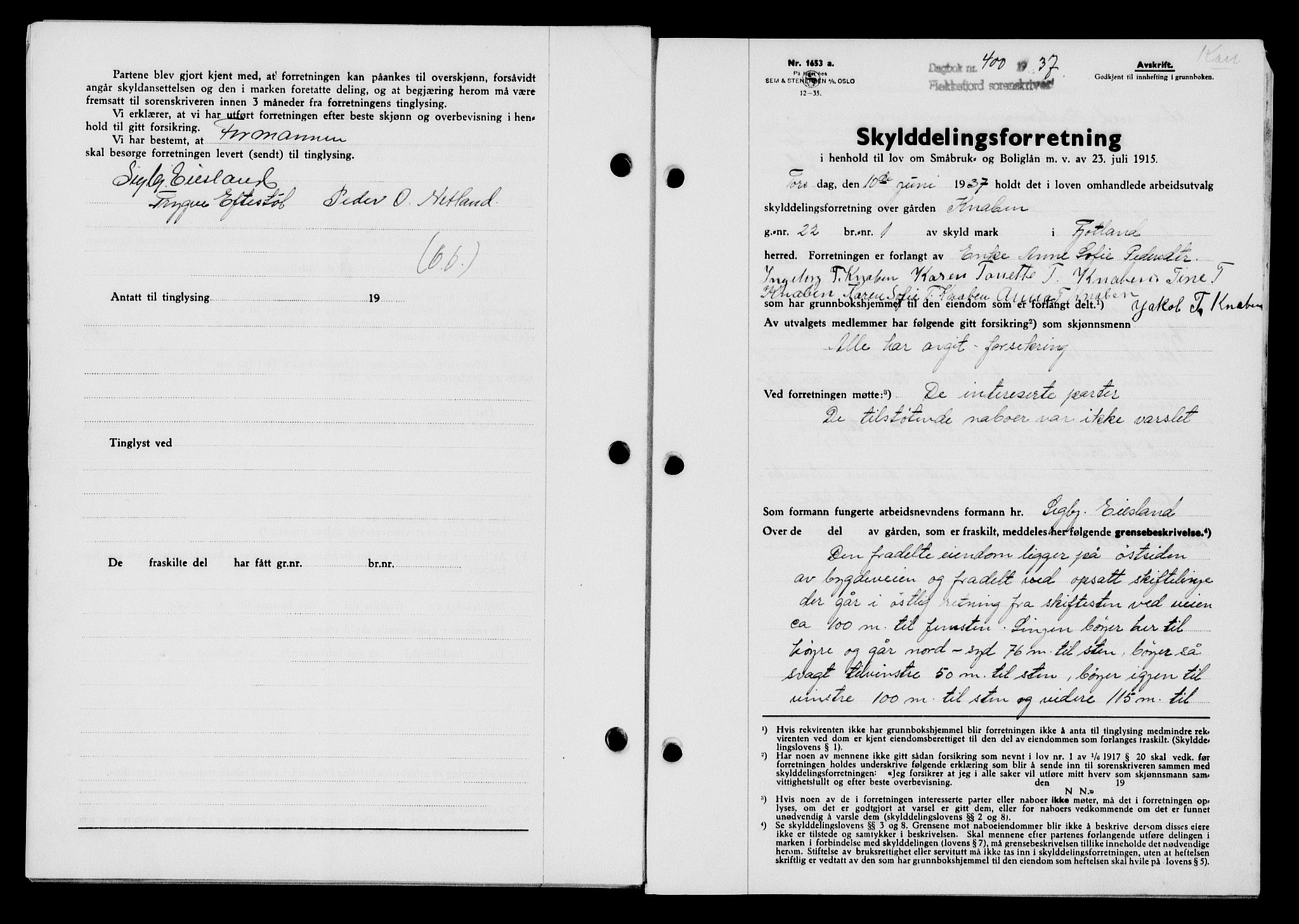 Flekkefjord sorenskriveri, AV/SAK-1221-0001/G/Gb/Gba/L0053: Mortgage book no. A-1, 1936-1937, Diary no: : 400/1937