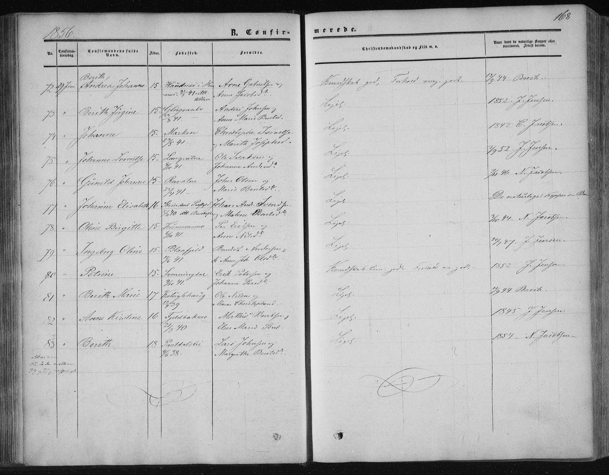 Ministerialprotokoller, klokkerbøker og fødselsregistre - Nordland, SAT/A-1459/820/L0293: Parish register (official) no. 820A14, 1855-1865, p. 168