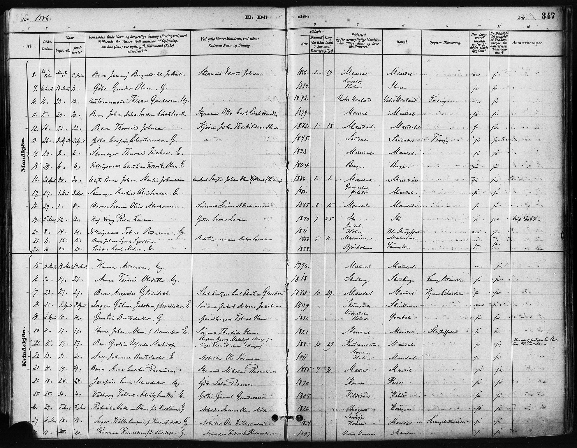 Mandal sokneprestkontor, AV/SAK-1111-0030/F/Fa/Faa/L0016: Parish register (official) no. A 16, 1880-1890, p. 347