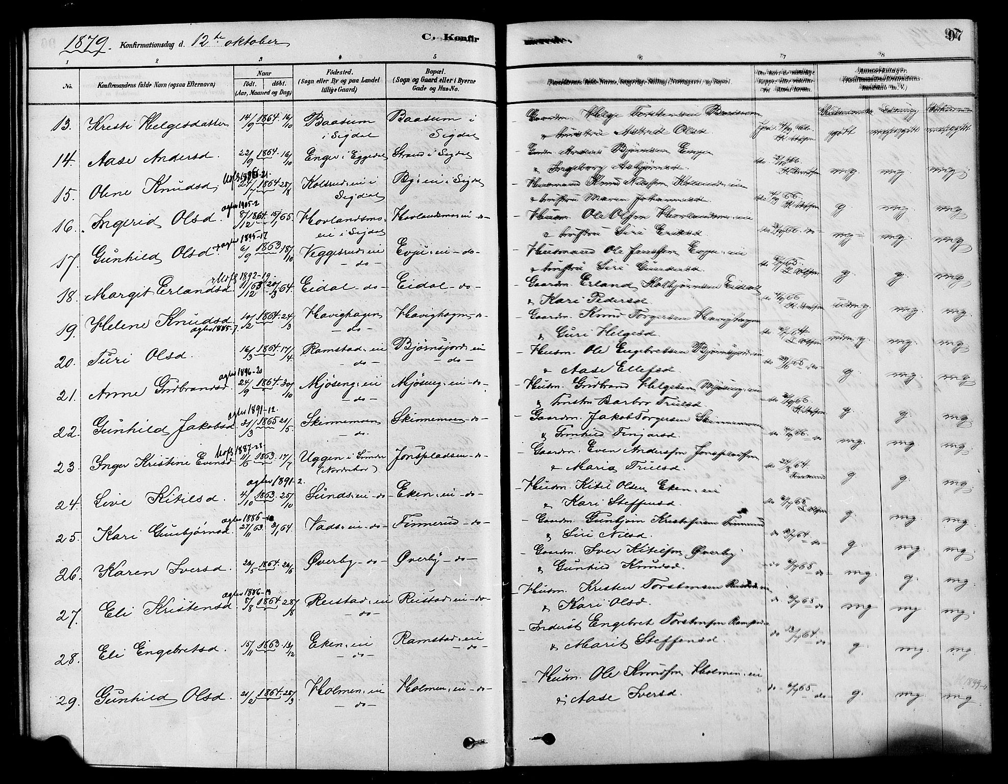 Sigdal kirkebøker, AV/SAKO-A-245/F/Fa/L0011: Parish register (official) no. I 11, 1879-1887, p. 97