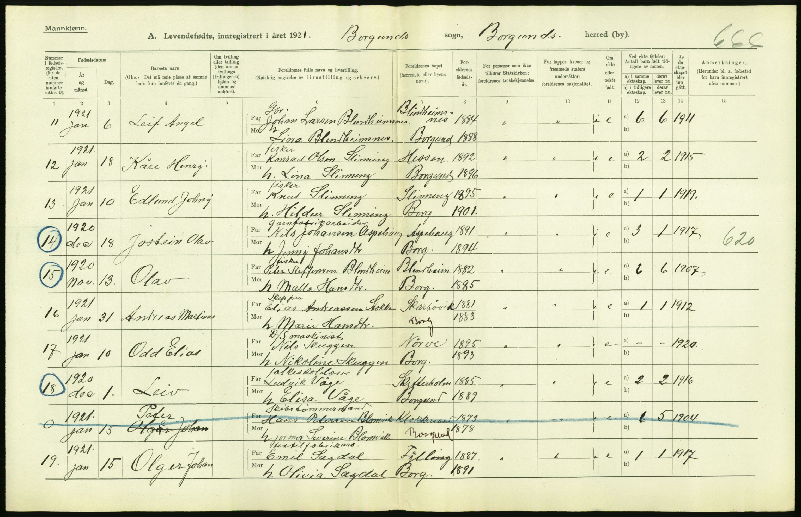 Statistisk sentralbyrå, Sosiodemografiske emner, Befolkning, AV/RA-S-2228/D/Df/Dfc/Dfca/L0040: Møre fylke: Levendefødte menn og kvinner. Bygder., 1921, p. 122