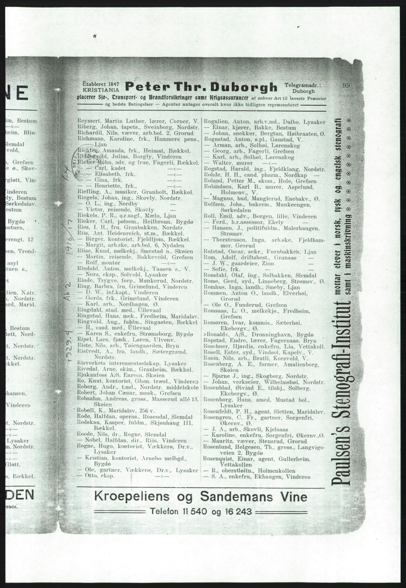 Aker adressebok/adressekalender, PUBL/001/A/001: Akers adressebok, 1916-1917, p. 99