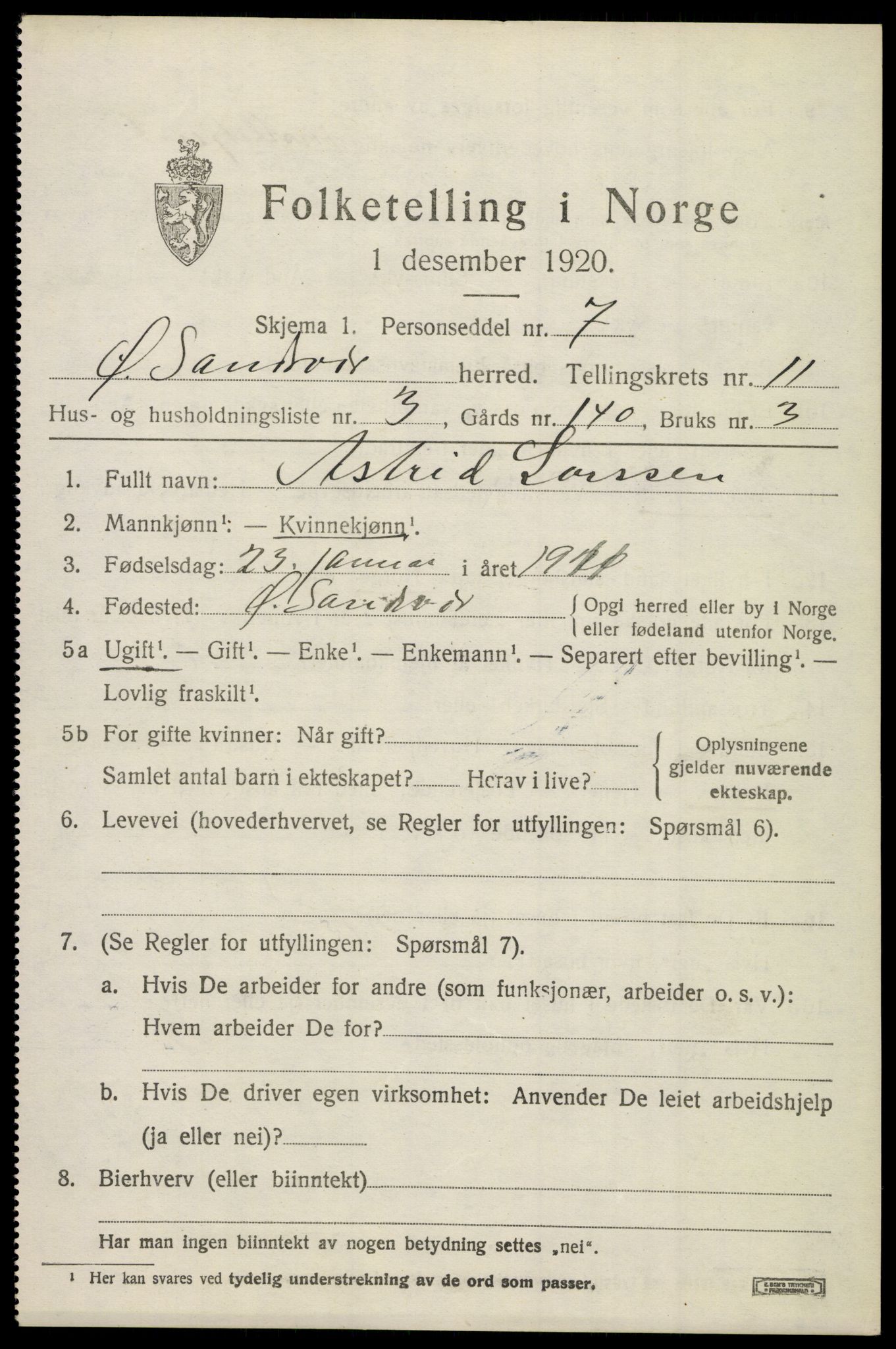 SAKO, 1920 census for Øvre Sandsvær, 1920, p. 5760