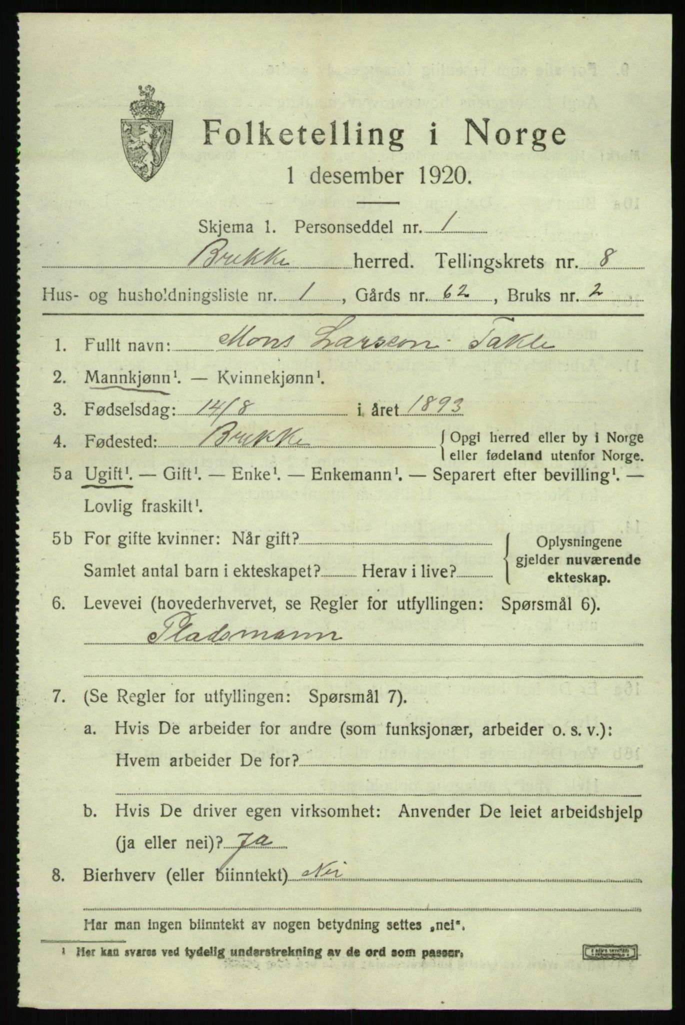 SAB, 1920 census for Brekke, 1920, p. 1724